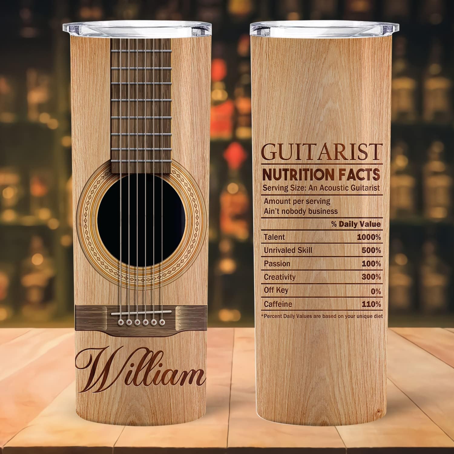 Vaso de guitarra personalizado con información nutricional para guitarristas, regalos personalizados, regalos para guitarristas, hombres, niñas,