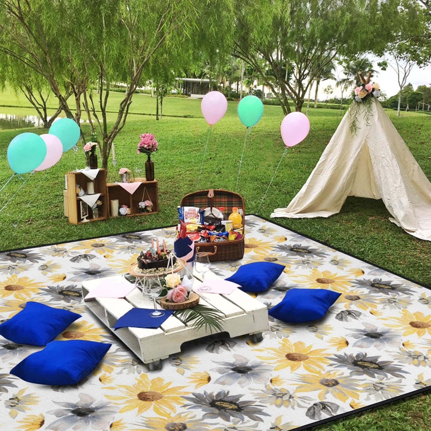Manta de picnic extra grande impermeable plegable (60 x 80 pulgadas), manta de playa impermeable a prueba de arena, 3 capas para el aire libre,