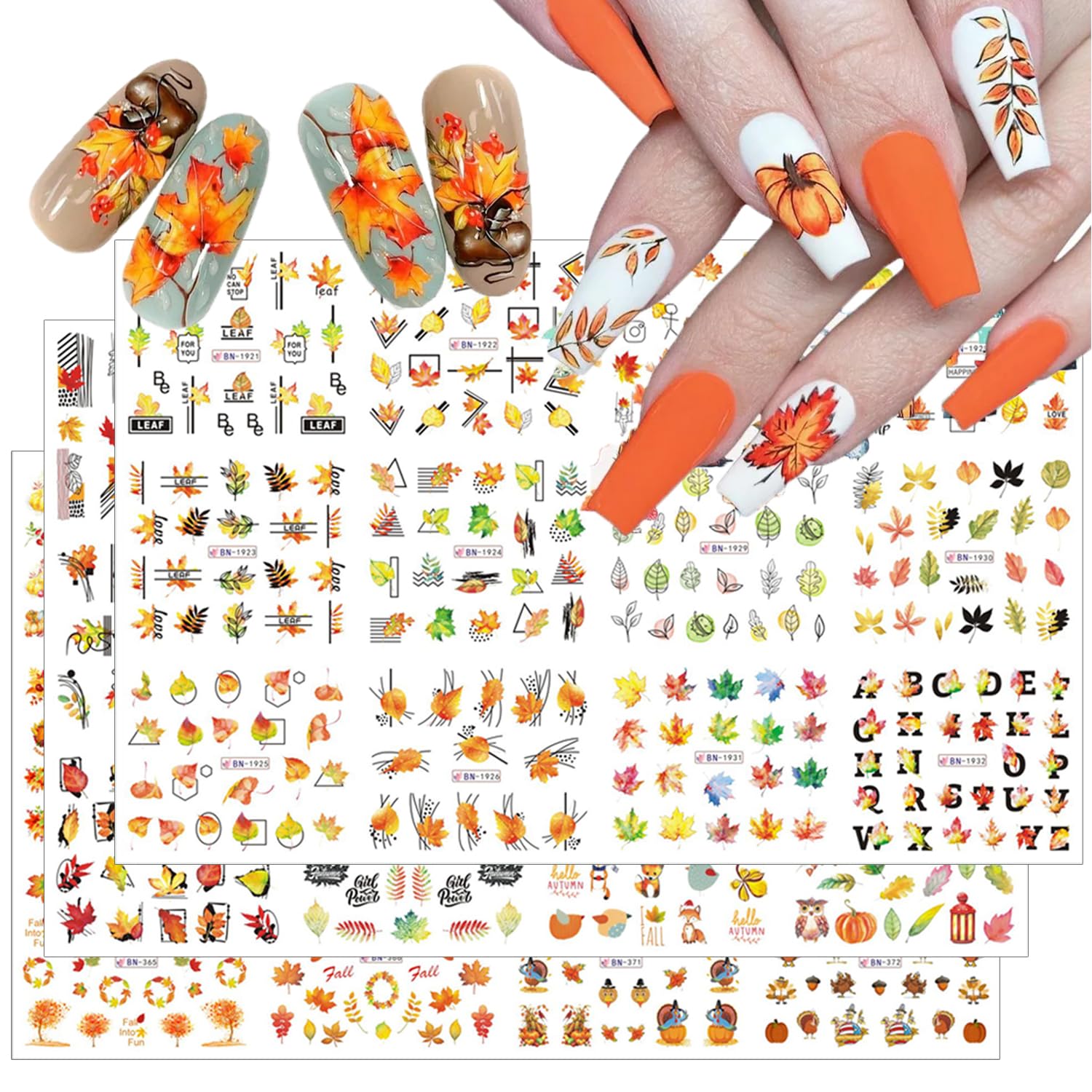 Calcomanías de arte de uñas de hojas de otoño, hojas de arce, calcomanías de transferencia de agua, suministros de arte de uñas, 36 piezas de hojas