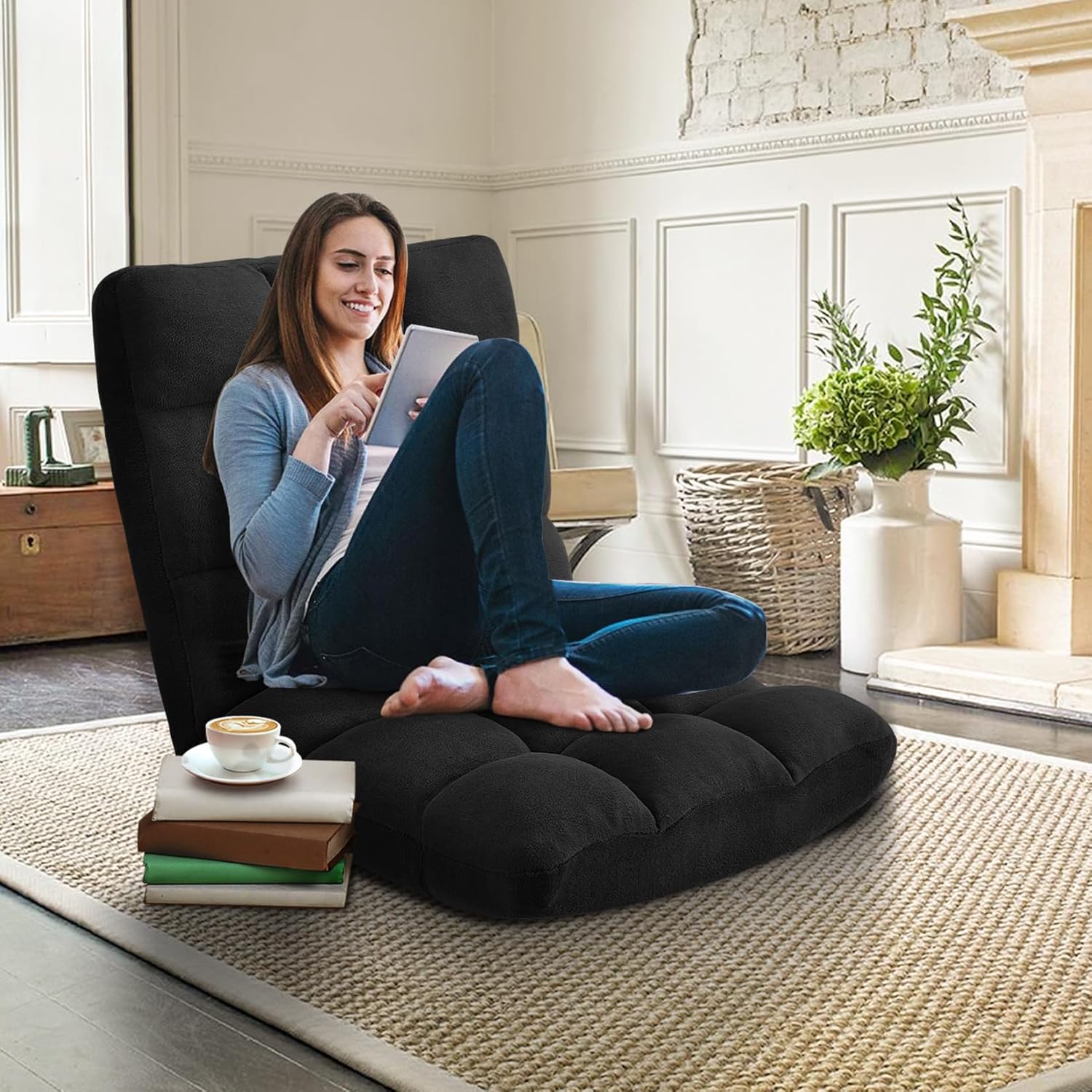 Avocahom Silla plegable para juegos de suelo, respaldo ajustable de 14 posiciones, franela agradable al tacto y marco de aleación de aluminio, ideal