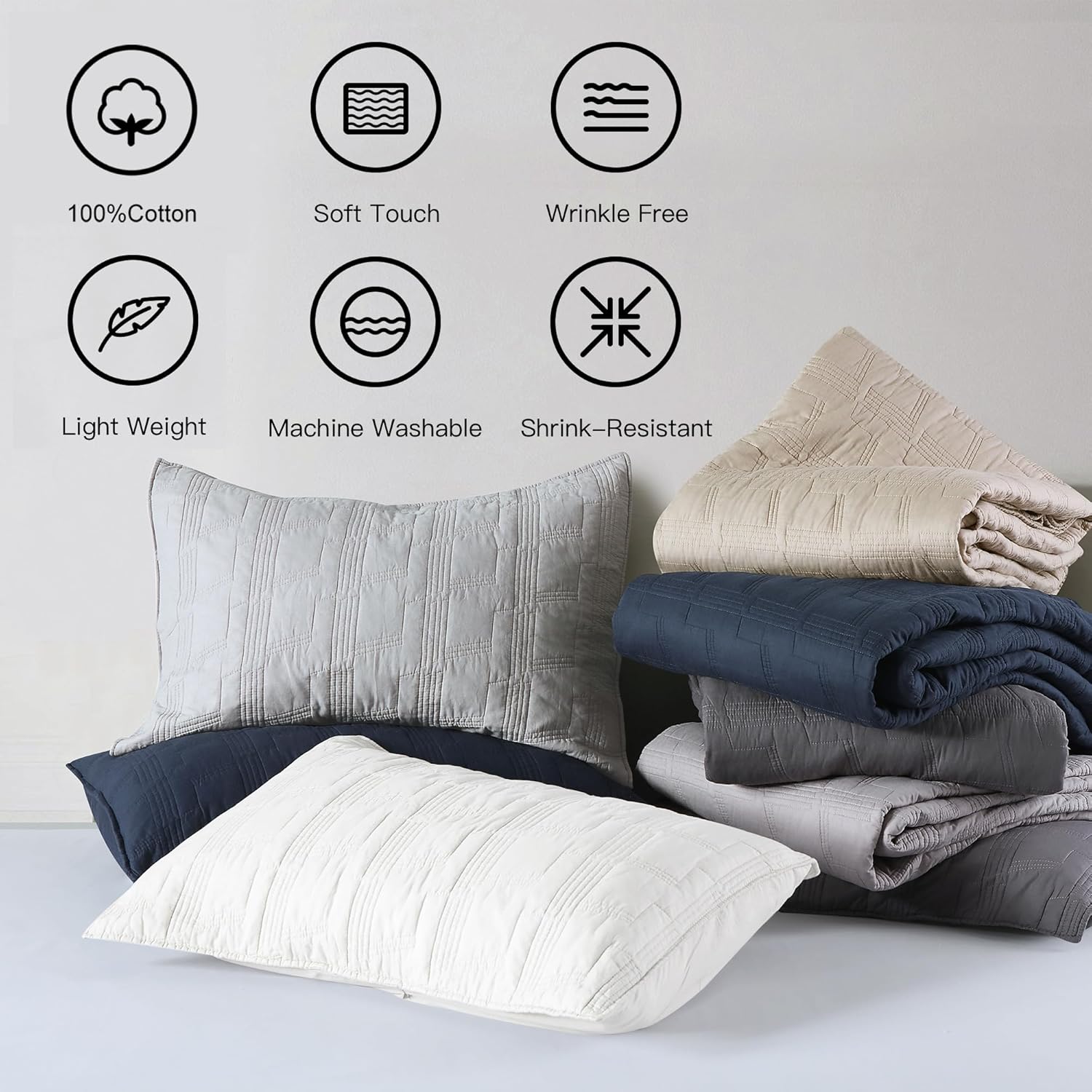 HORIMOTE HOME Juego de edredón 100% algodón tamaño Queen, juego de colcha prelavada gris claro, funda de cama decorativa con costuras ligeras y 2