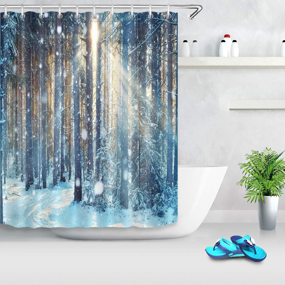 LB Juego de cortina de ducha de invierno, diseño de árbol de madera de bosque de selva en nieve, ganchos para cortina de baño, 60 x 72 pulgadas,