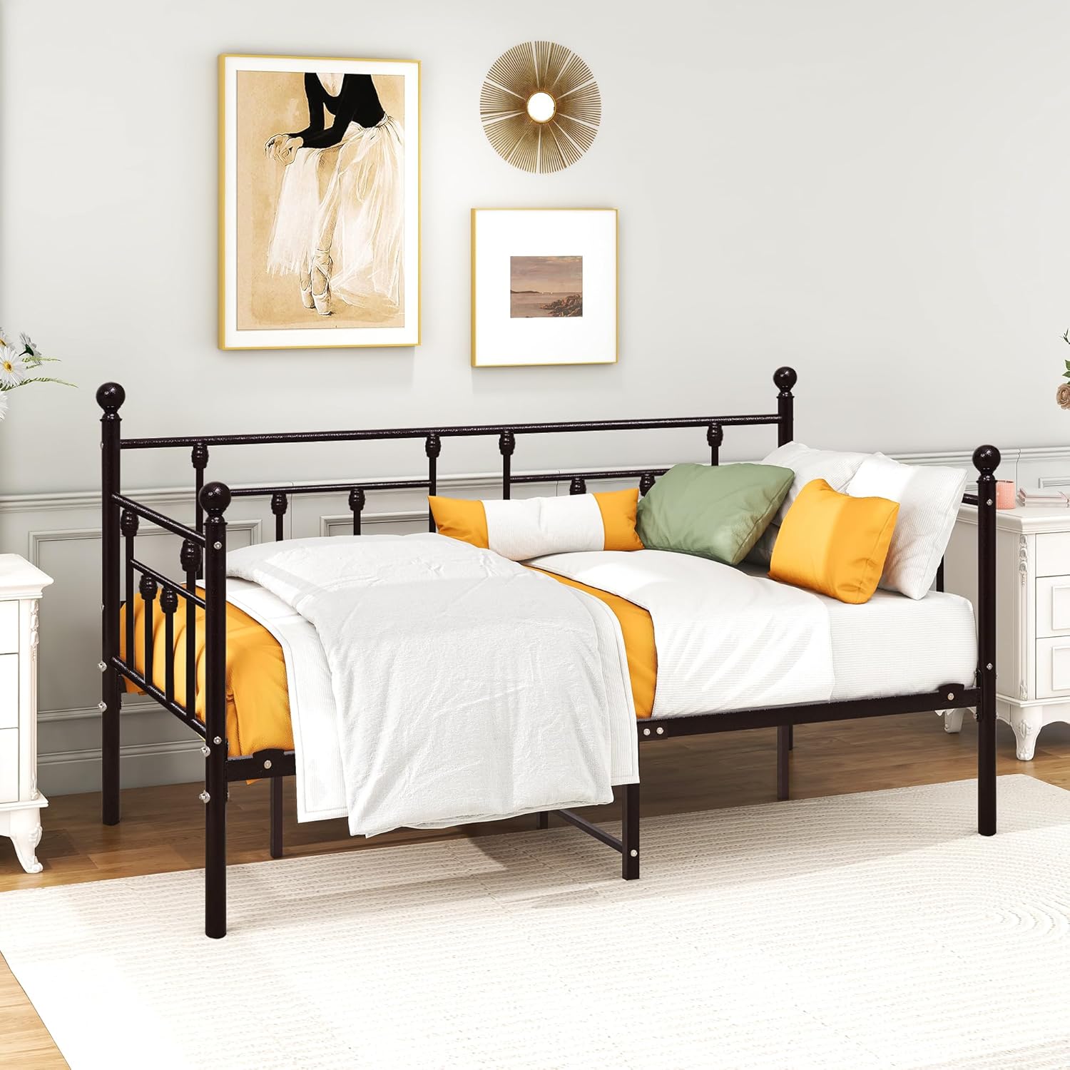 Juego de cama corrediza y marco de metal de alta calidad con listones de acero de primera calidad, sofá cama y sofá cama enrollable (marrón,