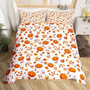 Funda de edredón de calabaza de Halloween, juego de ropa de cama de otoño con diseño de calabaza y hojas de arce, funda de edredón para regalos de Funda de edredón de calabaza de Halloween, juego de ropa de cama de otoño con diseño de calabaza y hojas de arce, funda de edredón para regalos de