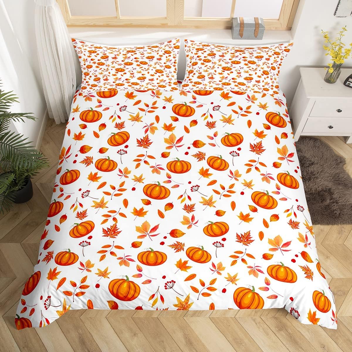 Funda de edredón de calabaza de Halloween, juego de ropa de cama de otoño con diseño de calabaza y hojas de arce, funda de edredón para regalos de