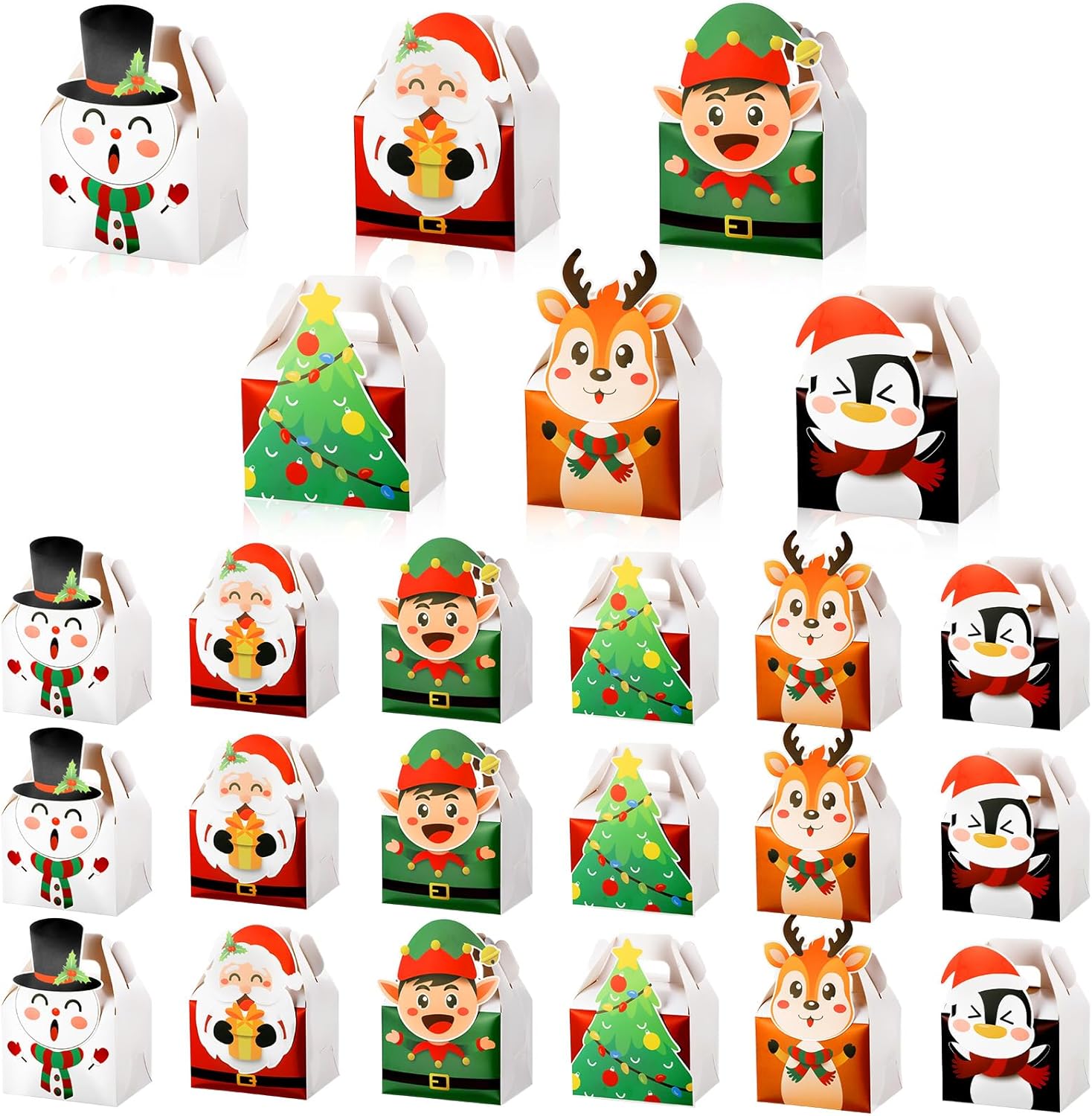 Cholemy 24 cajas de regalo de Navidad 3D de cartón a dos aguas plegables de Navidad con asas, Papá Noel, muñeco de nieve, reno, elfo, alce,
