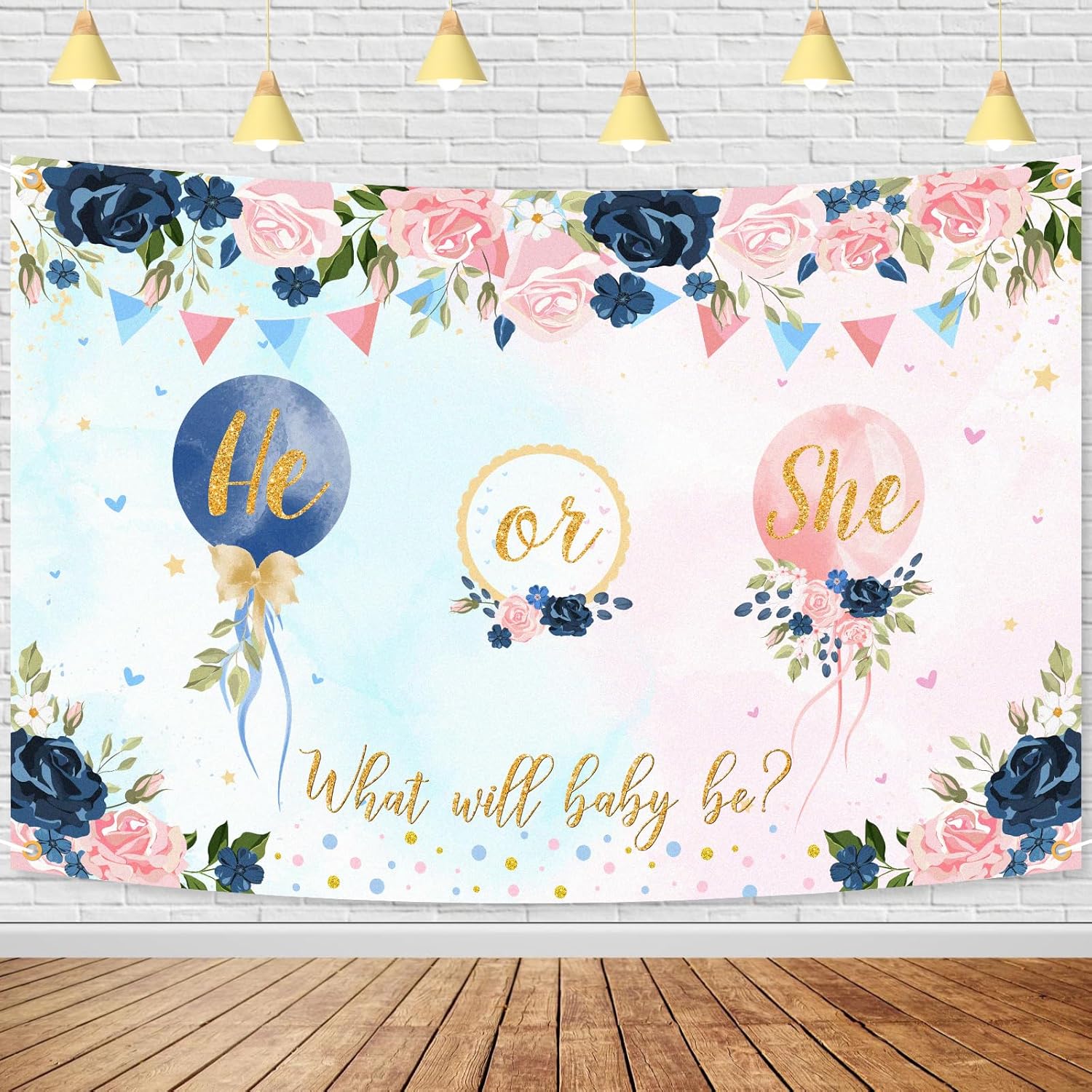 Cartel de fondo de revelación de género con texto en inglés “He or She Gender Reveal What Will Baby Be Gender Reveal”, suministros de decoración de