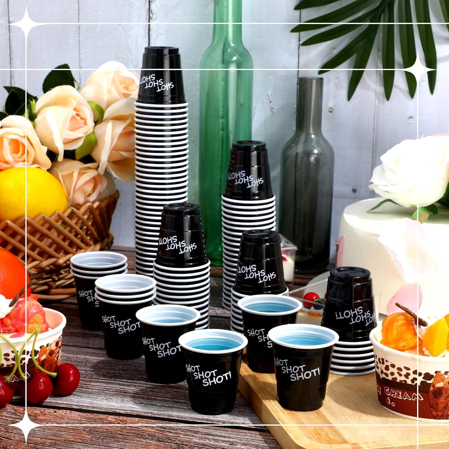 Lounsweer 200 vasos de chupito de plástico de 2 onzas, vasos desechables para fiesta, mini tazas para despedida de soltera, cumpleaños, degustación