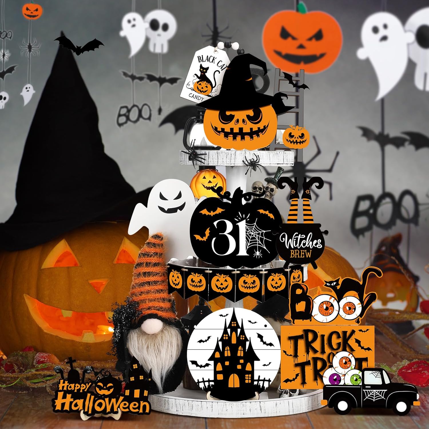 Geetery Juego de 18 piezas de decoración de Halloween para bandejas escalonadas de Halloween, letrero de madera, lindo gnomo de felpa, calabaza,