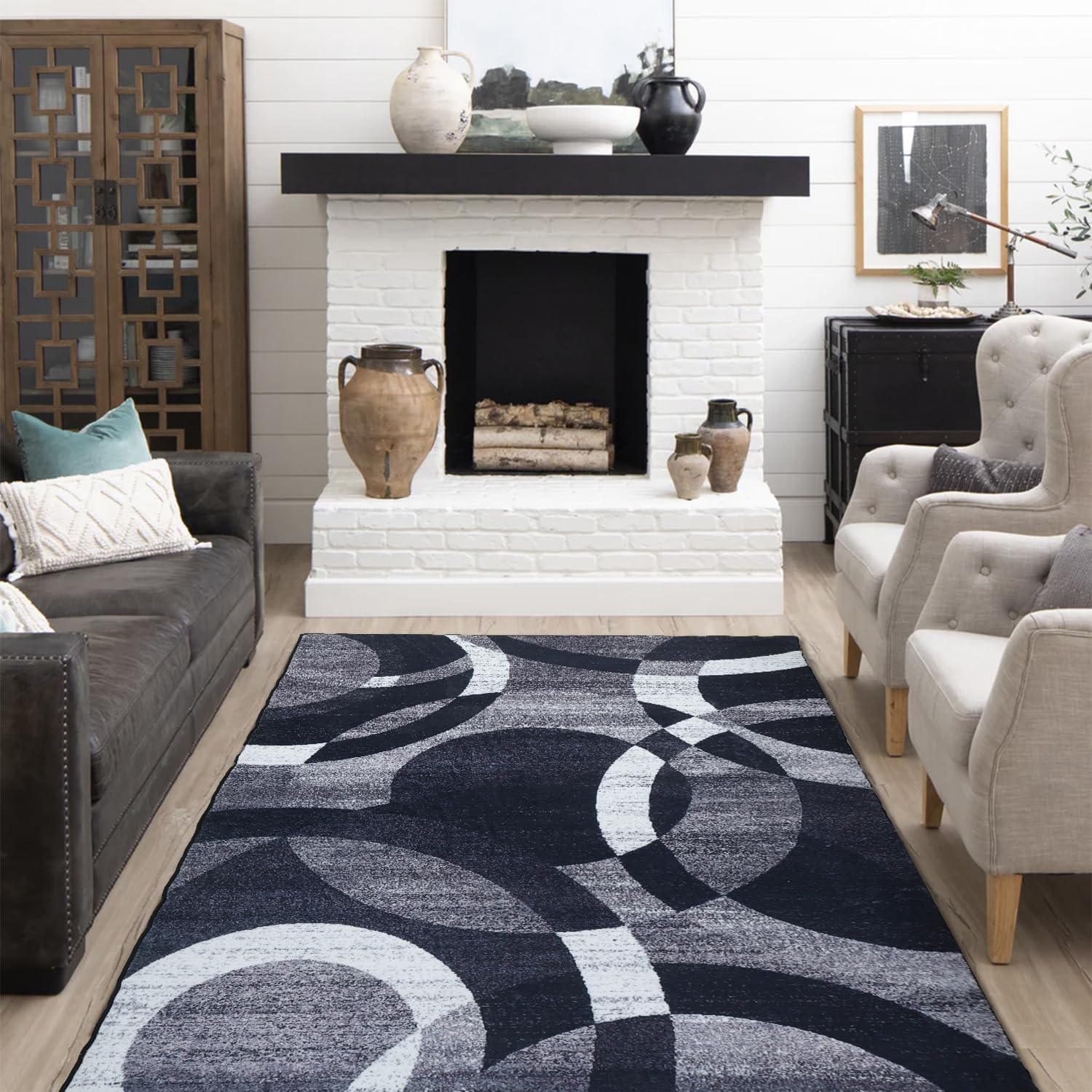 YUFANUHO Alfombra moderna de lana sintética suave de 3 x 5 pies, diseño de líneas de círculos abstractos, para sala de estar, dormitorio, lavable a