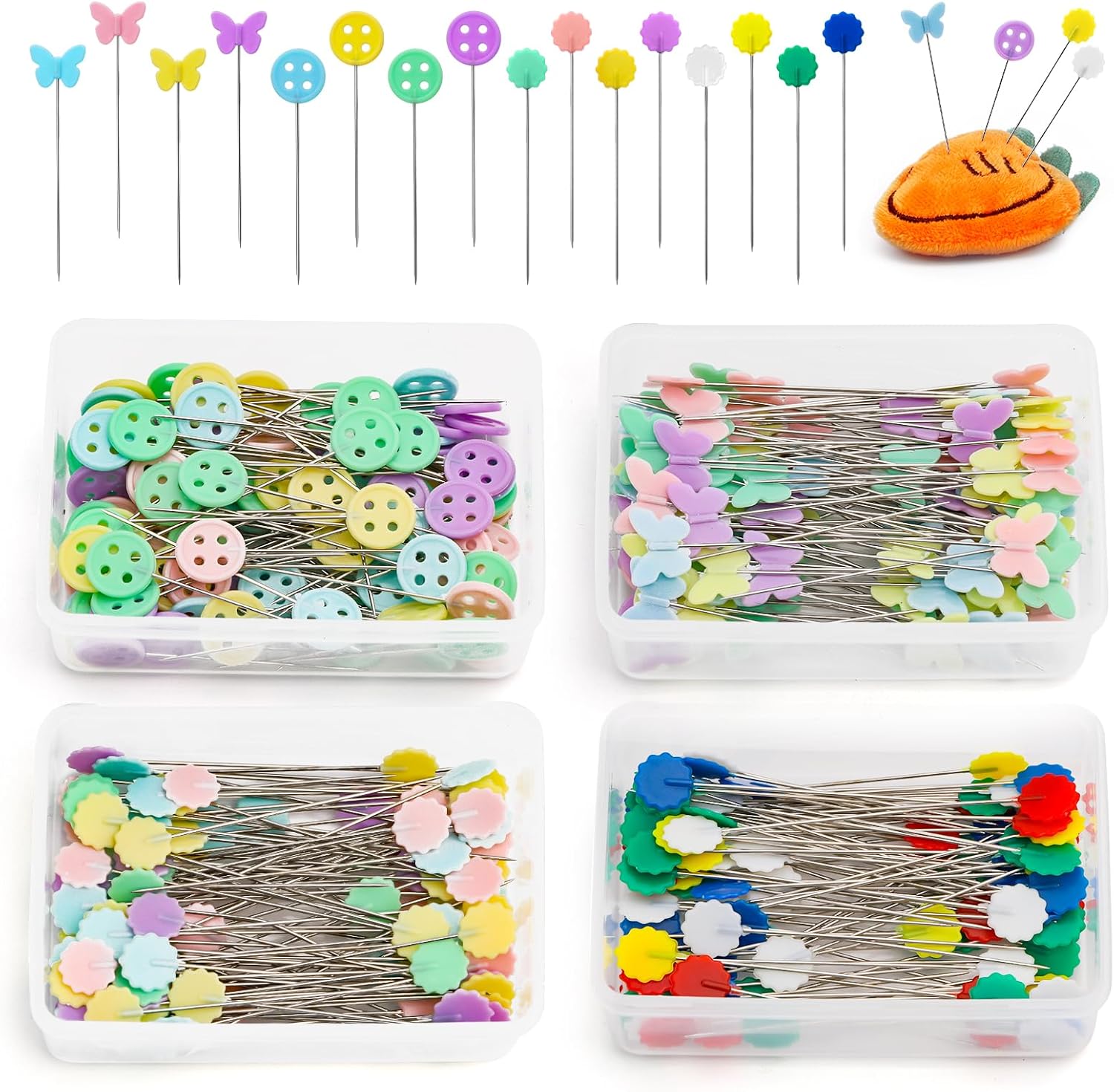 400 alfileres rectos multicolores, alfileres rectos de cabeza plana con flor, mariposa y botón, cabezas de colores para costurera, manualidades,