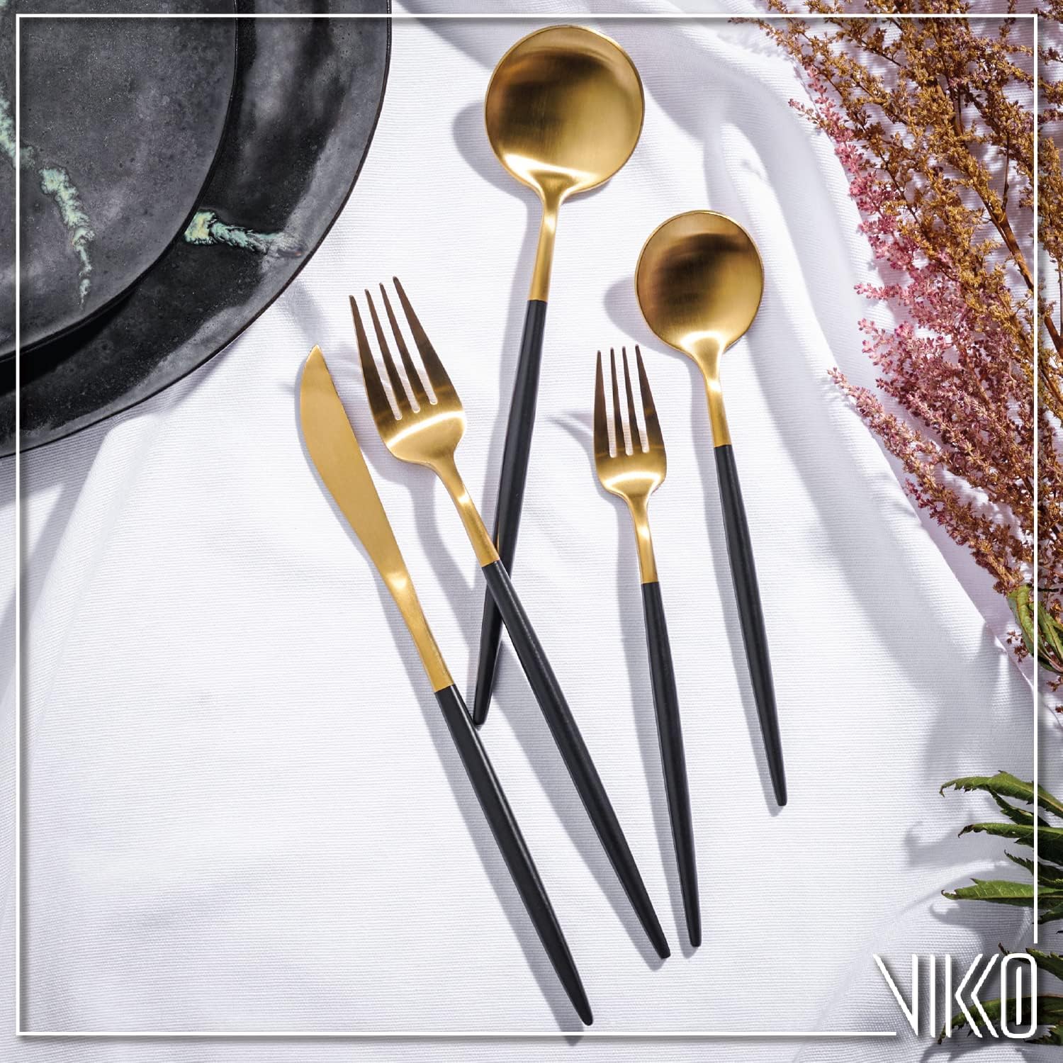 Vikko Decor Modern – Juego de cubiertos negros y dorados, acero inoxidable 1810, elegantes cubiertos de mango largo, cubiertos de dos tonos para