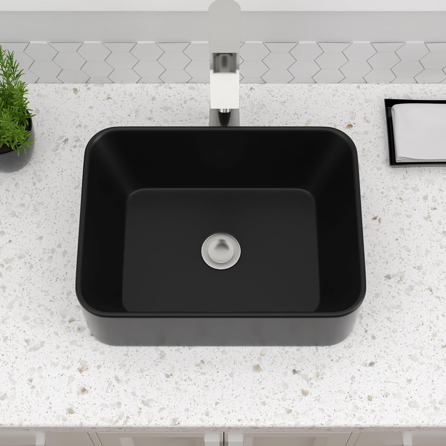 Dcolora – Fregadero rectangular negro de 16 x 12 pulgadas, color negro mate, lavabo rectangular sobre mostrador de porcelana de cerámica