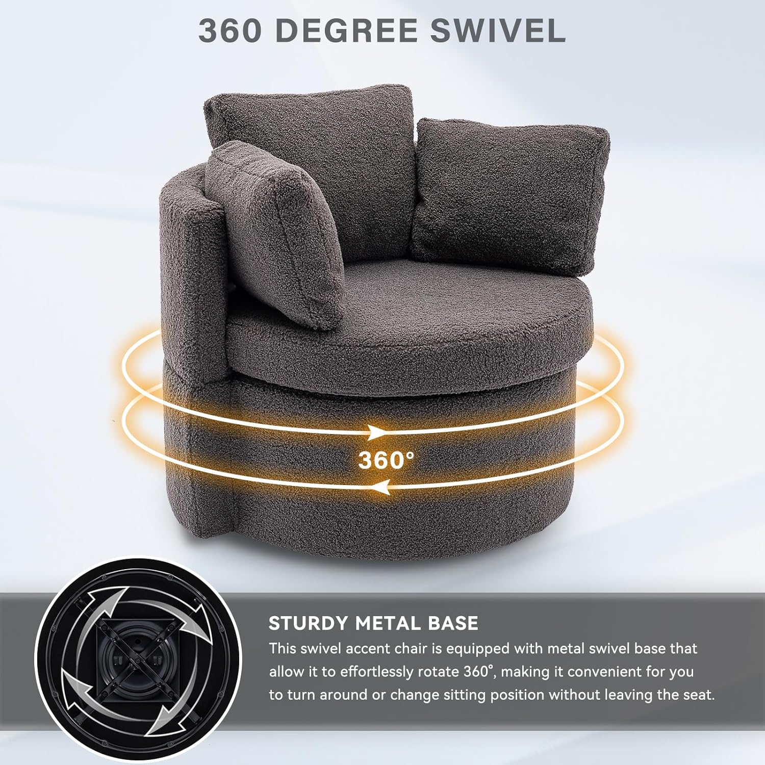 Silla giratoria con diseño de barril de acento moderno, tapizado, de gran tamaño, para sala de estar, club, ocio, silla redonda con 3 almohadas para