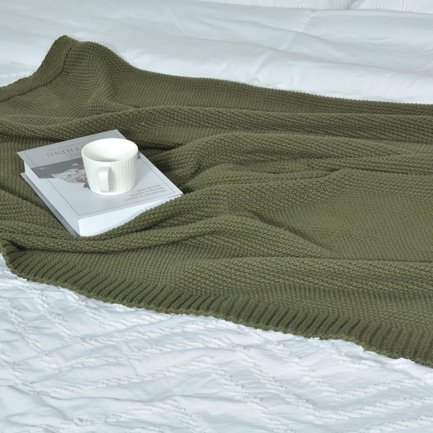 Manta de punto trenzado para sofá, suave, cálida, acogedora, versátil, decorativa, manta de punto para sofá, silla, color verde oliva, 60 x 80