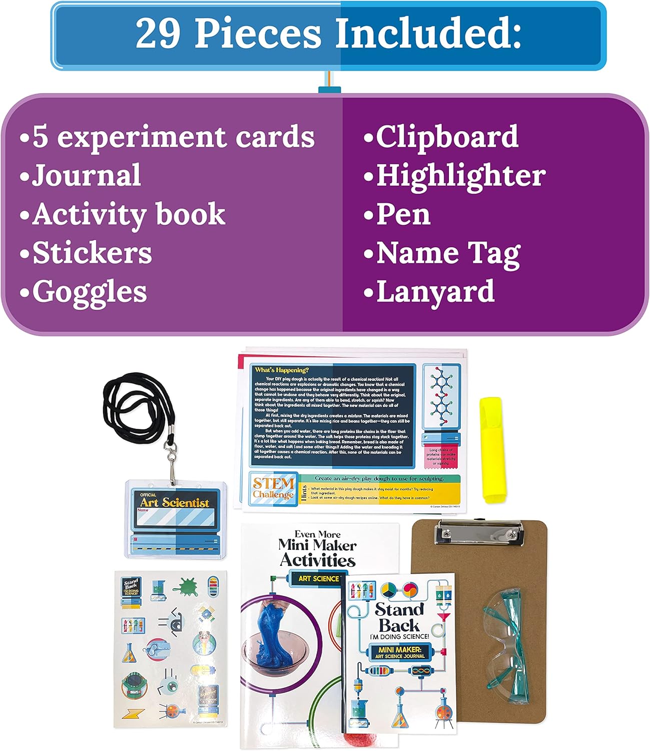 Carson Dellosa – Kits de ciencia mini Maker para grados 2-5 ciencia del arte, diario, libro de actividades, tarjetas de experimentos, calcomanías,