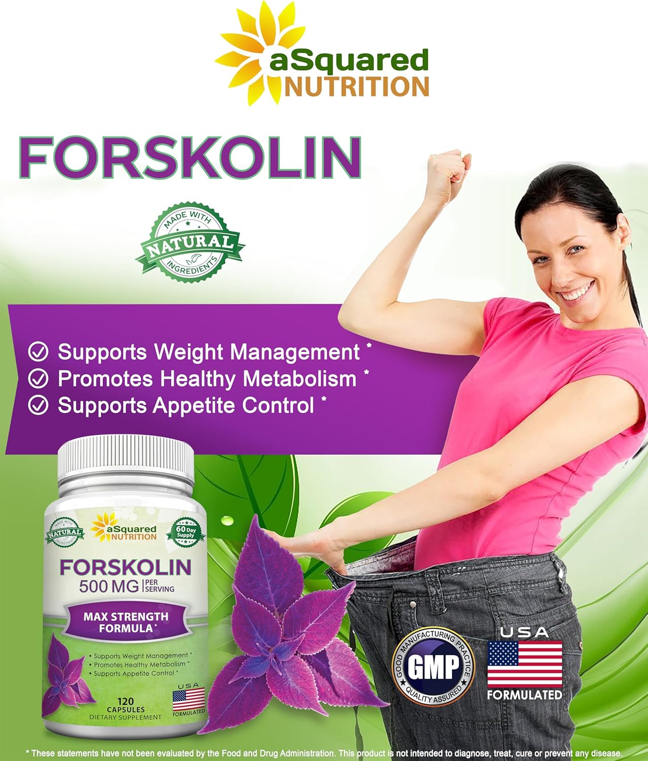 aSquared Nutrition Forskolin 500mg Max Strength -120 cápsulas, suplemento natural para combustible puro de pérdida de peso, píldoras de dieta Coleus