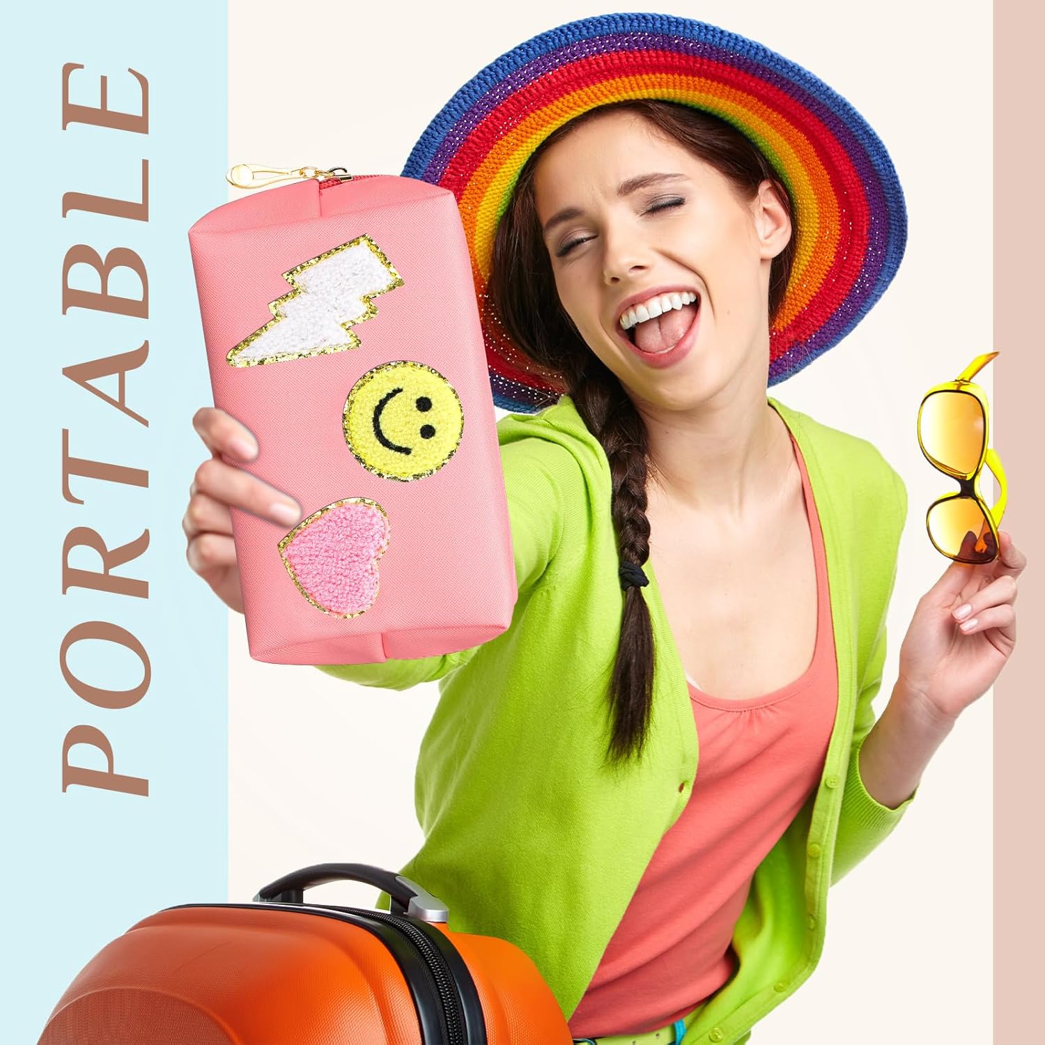 Silkfly 15 piezas de parche Preppy bolsa de maquillaje de letras de chenilla bolsa de cosméticos bolsa de aseo sonrisa rayo corazón PU pequeño