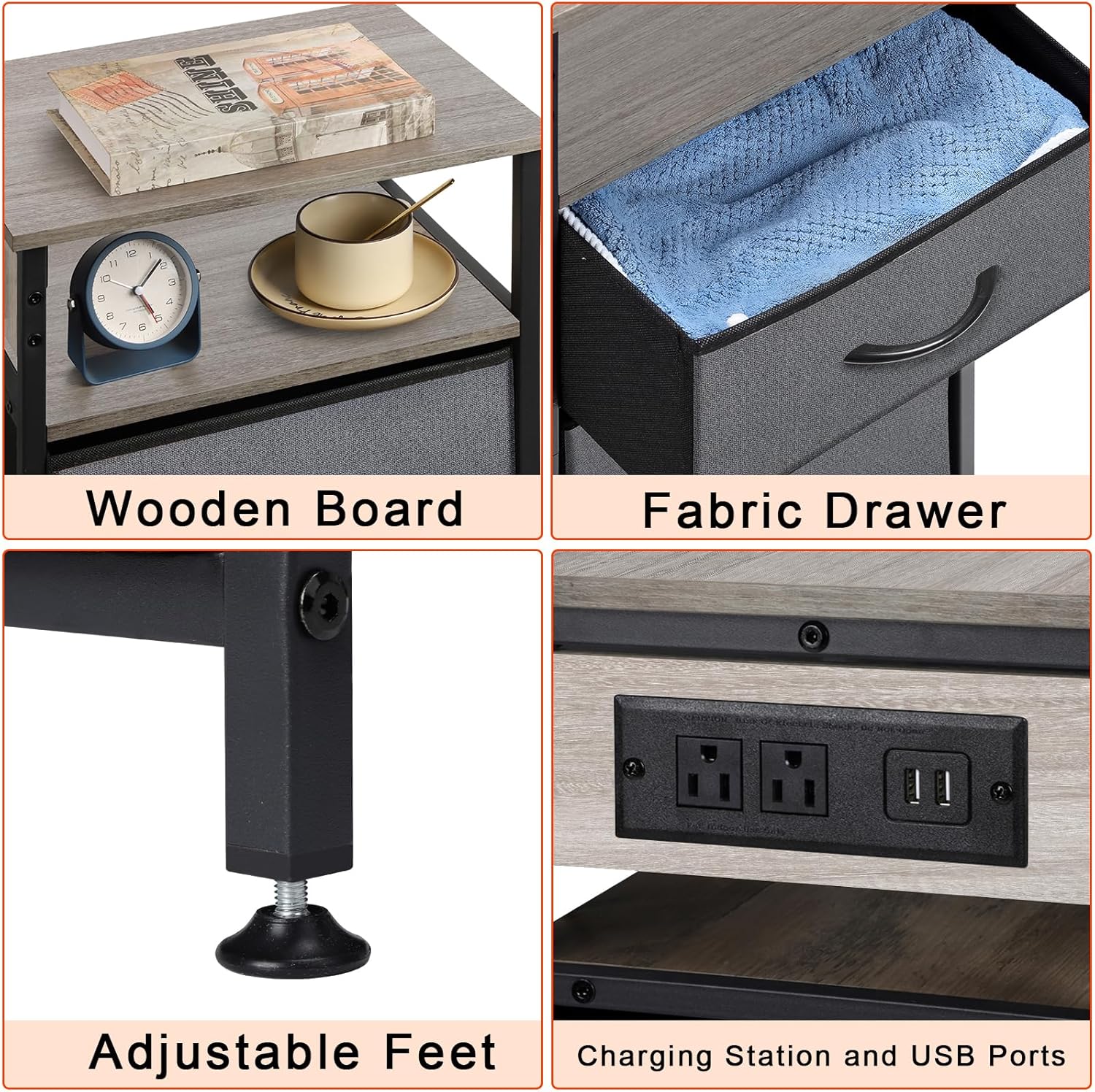 LIANTRAL Nightstand with Charging Station, Dresser with 3 Fabric Chest of Drawers, Dresser Storage for Bedroom, Hallway, Closet, Living Room,