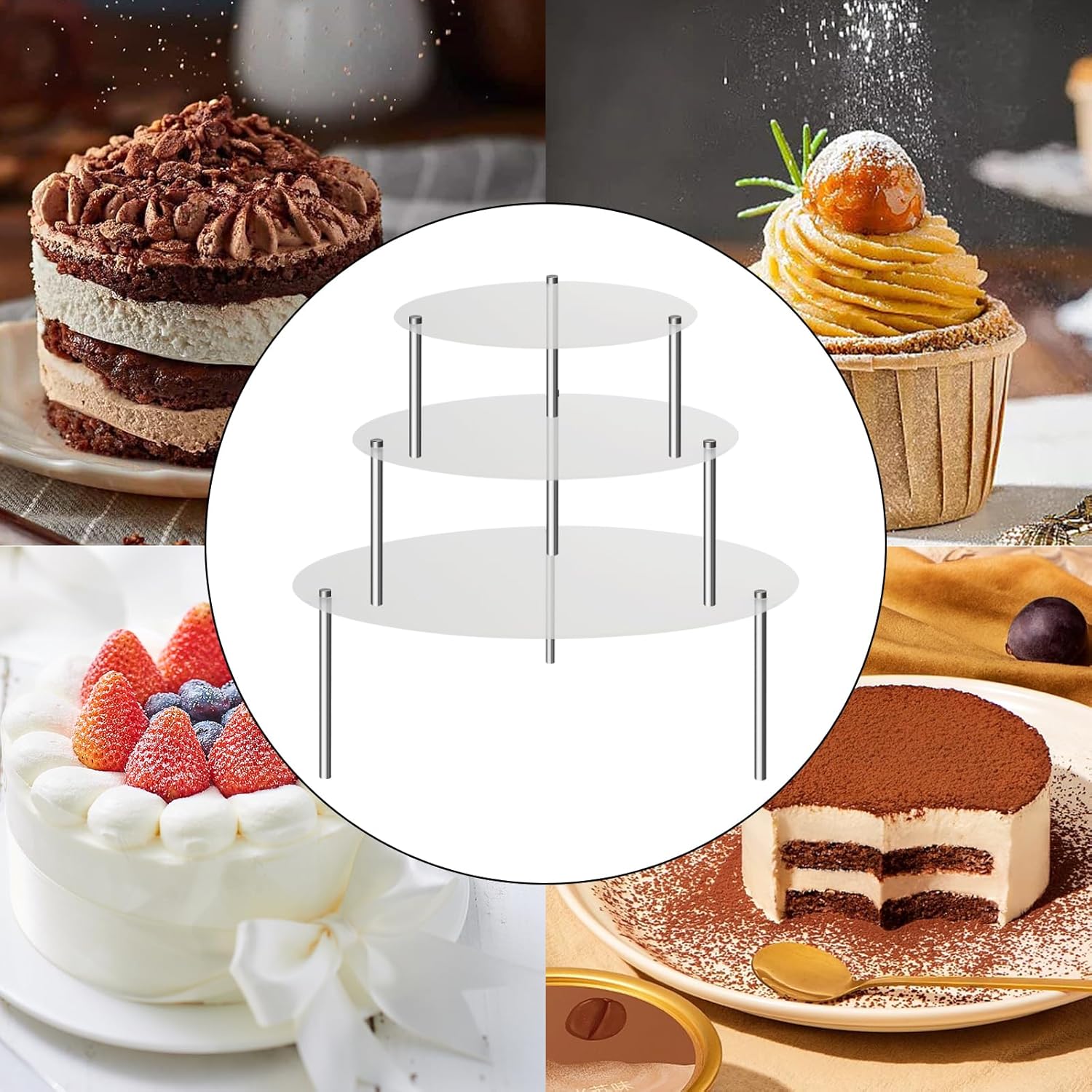 3 soportes de acrílico transparente para tartas, soporte redondo para cupcakes, soporte para tartas, postre, pastel, pizza, postre, exhibidor de