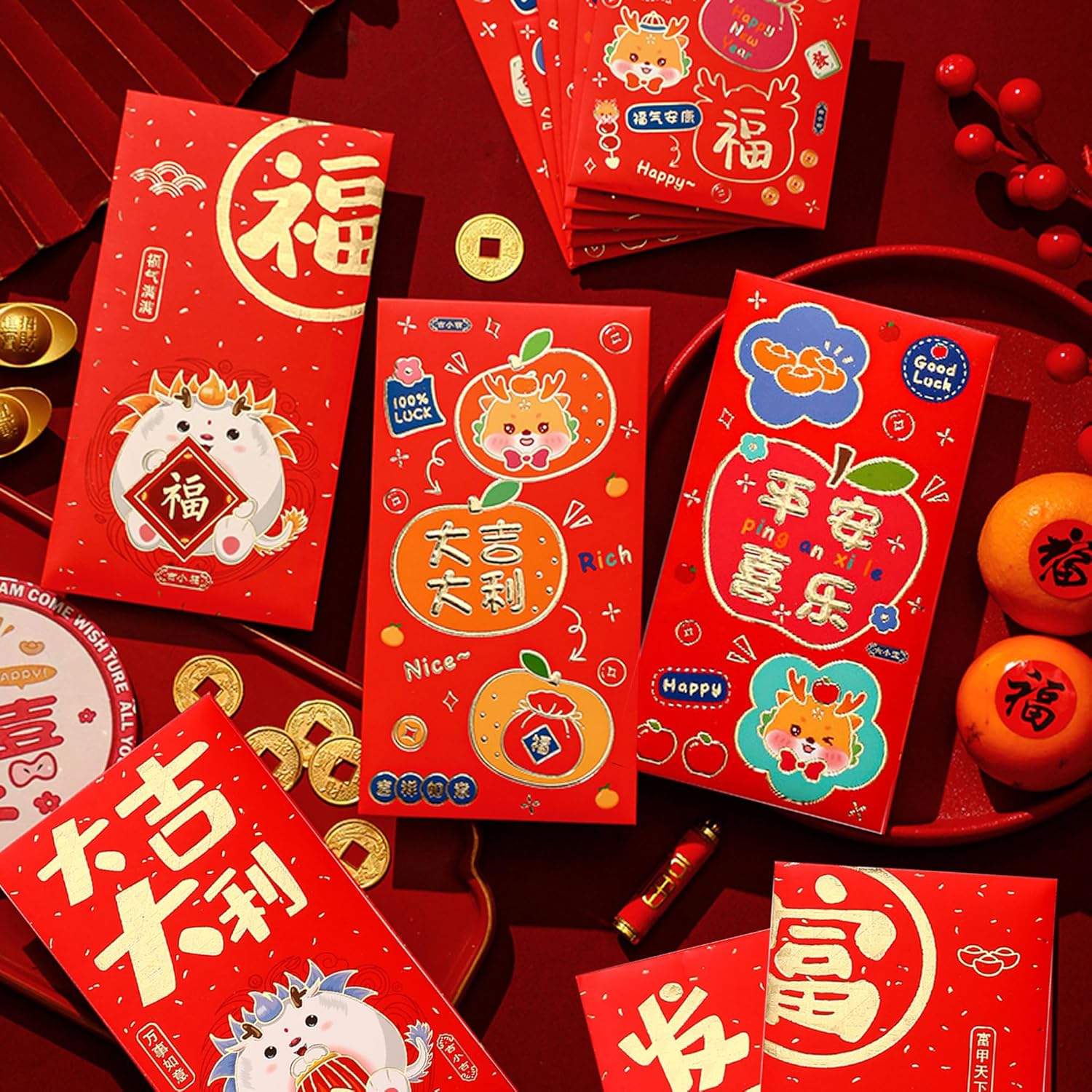 12 sobres rojos del año 2024 del dragón para paquete rojo de Año Nuevo chinoLai SeeLucky Hong Bao para festival de primavera, boda, cumpleaños de