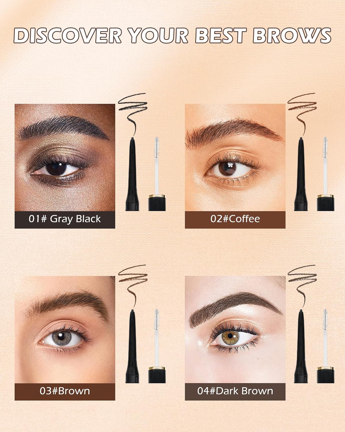Gel de cejas y lápiz de cejas 2 en 1, lápiz retráctil de cejas marrón oscuro, gel impermeable para cejas, ultra fino de larga duración para un