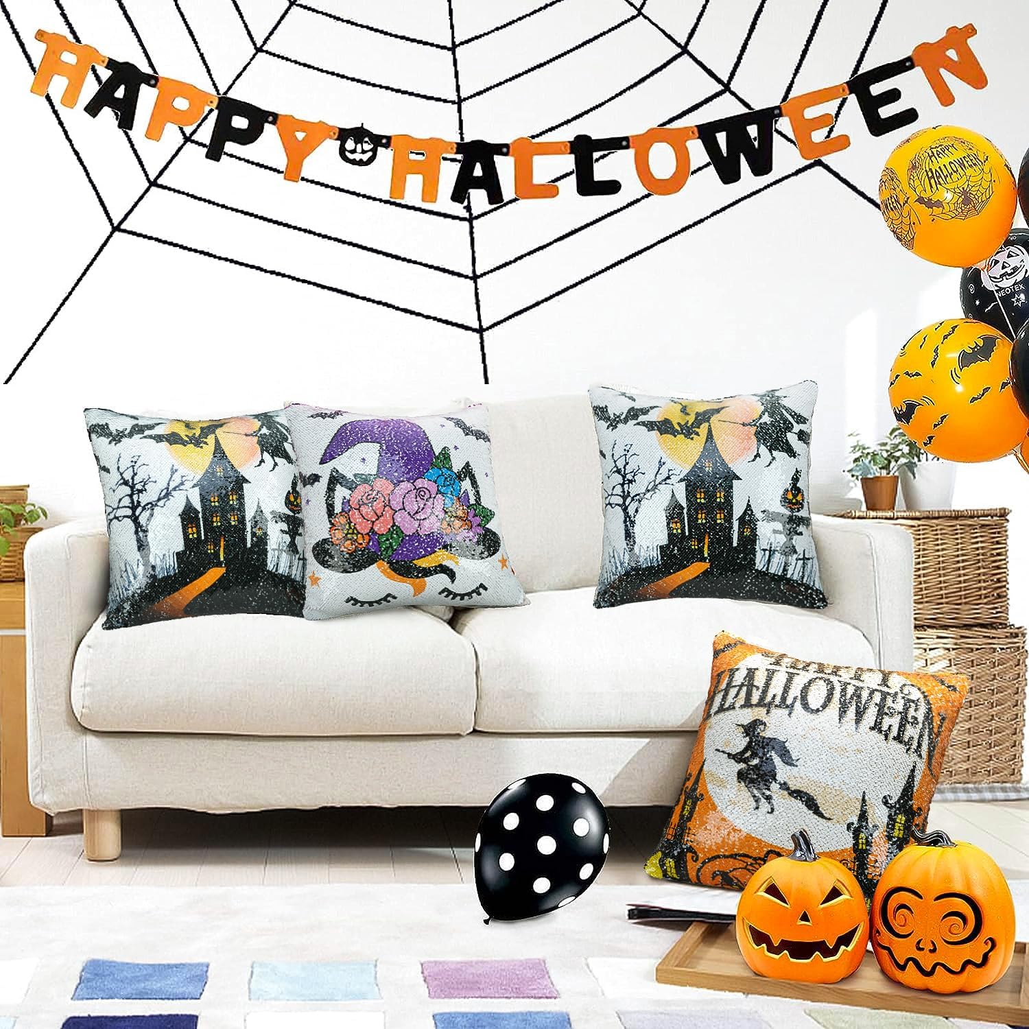 Pyonic Fundas de almohada de lentejuelas reversibles para decoración de Halloween, 16 x 16 pulgadas, fundas de almohada cuadradas con purpurina