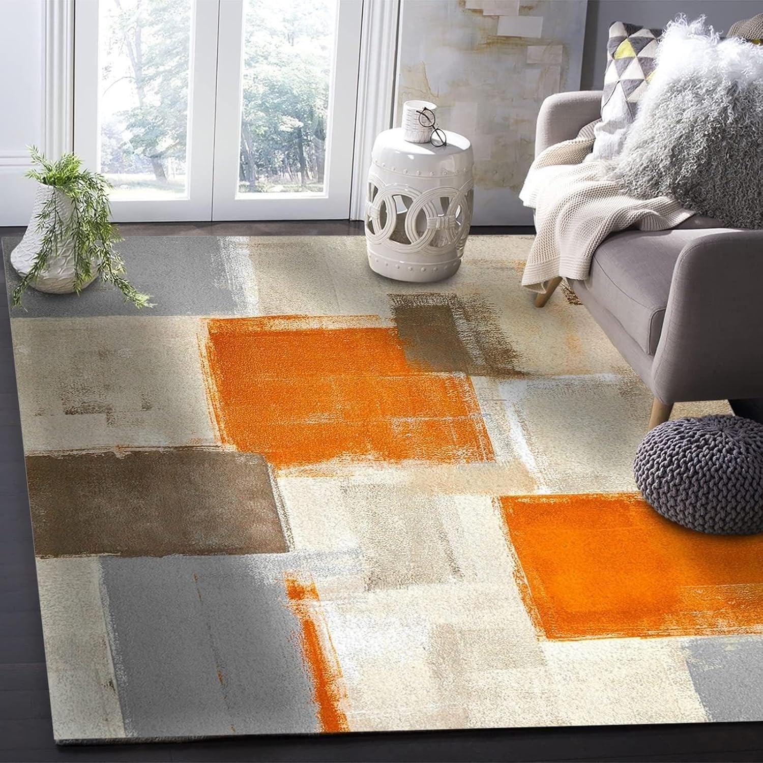 Alfombra artística de pintura al óleo para dormitorio, alfombra estampada naranja marrón gris, antideslizante, plegable, fácil de limpiar, lavable,