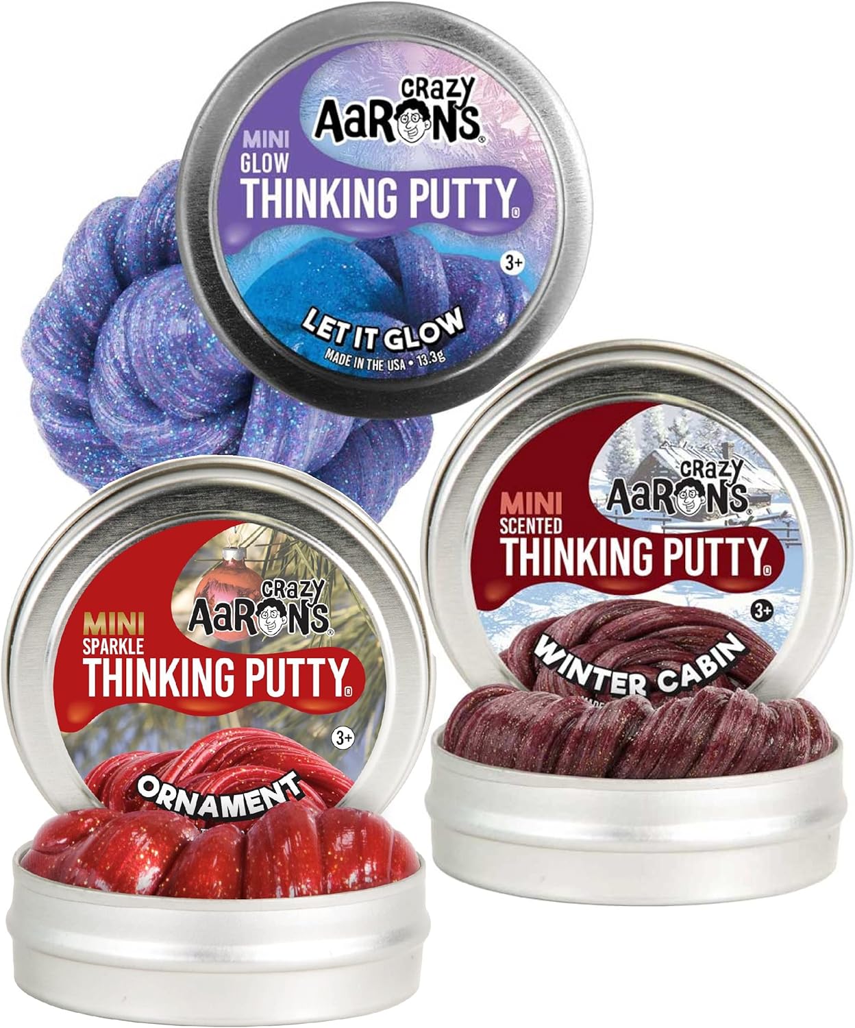 Crazy Aaron’s Putty Mini Tins Holiday (Navidad) Juego de trío con cabina de invierno, adorno y Let it Glow – Paquete de 3 (0.47 onzas cada uno)