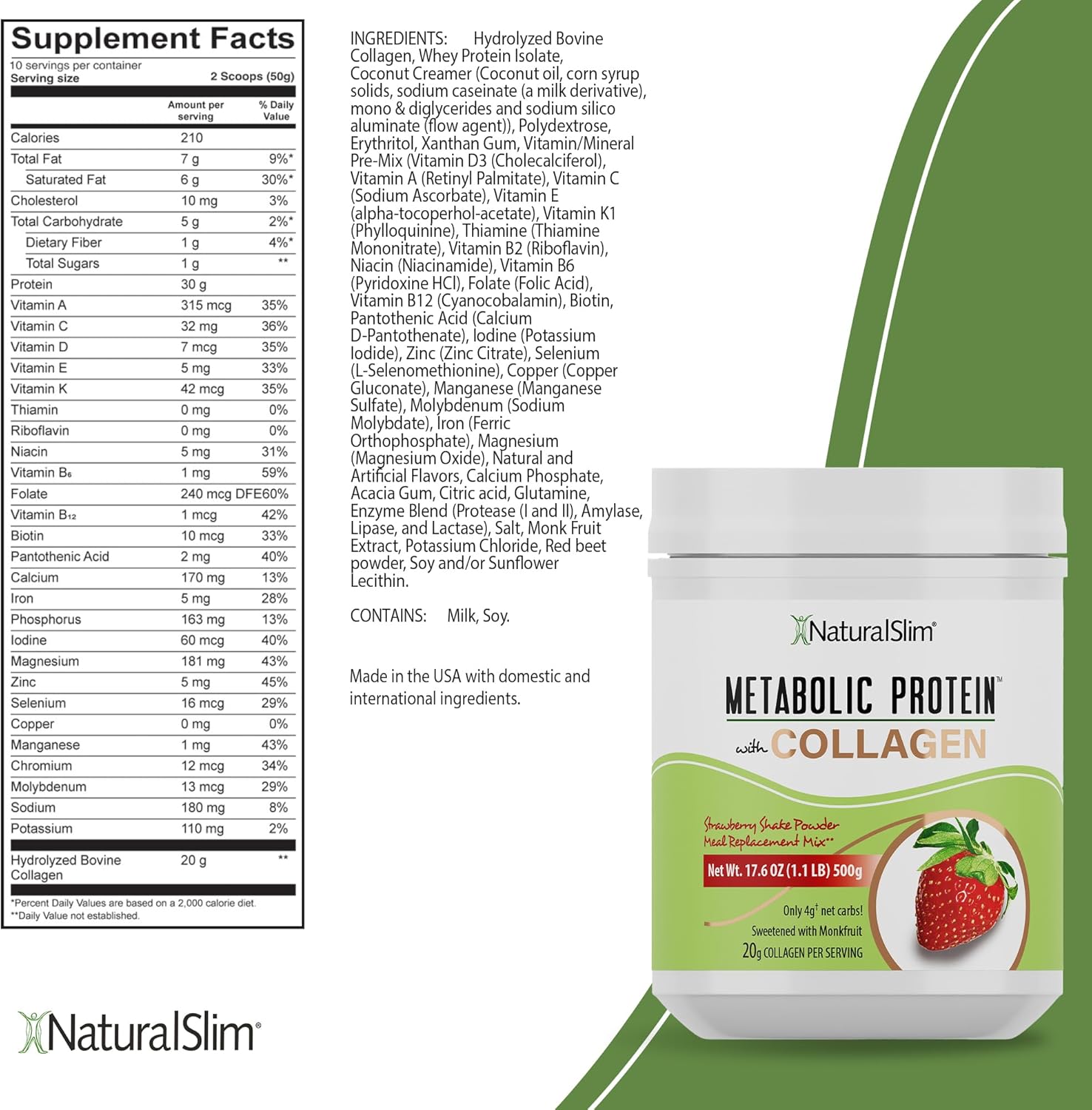 NaturalSlim Polvo de proteína metabólica con colágeno y fresa, polvo de proteína de colágeno hidrolizado para cabello, piel, hueso, articulaciones y