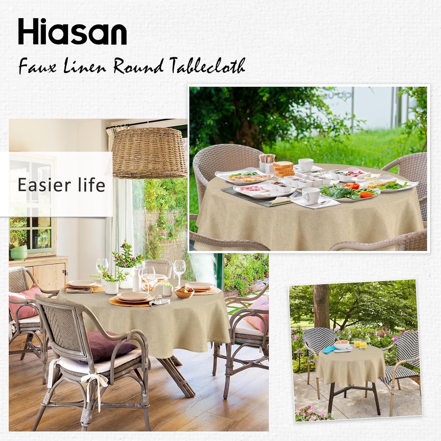 Hiasan – Mantel redondo de lino – Mantel de tejido de poliéster resistente al agua, manchas y derrames para el comedor, cocina y fiestas – Beige –