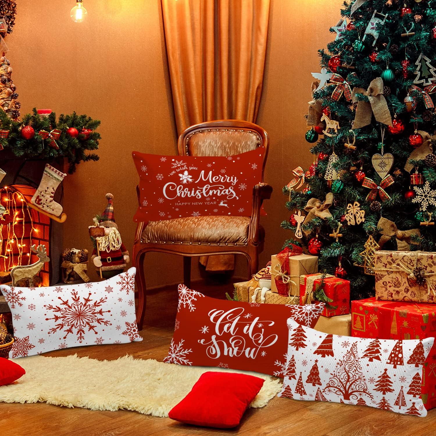 Lanpn Juego de 4 fundas de almohada lumbares de Navidad de 14 x 24 pulgadas, fundas decorativas de Navidad con copos de nieve de Navidad de 14 x 24