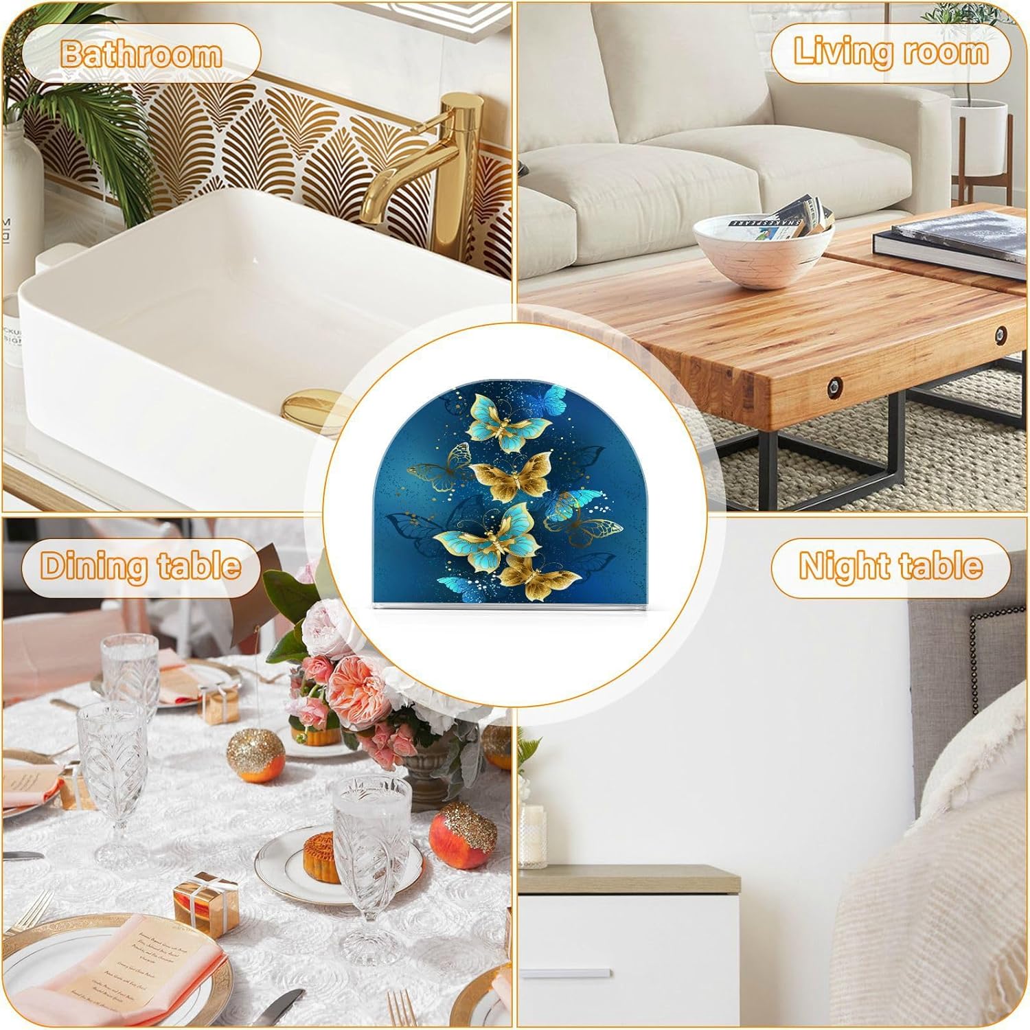 Kcldeci Holder Crystal Clear Acrylic Napkin Holders for Tables,Golden Butterfly Clear Paper Napkin Holder Stand Tabletop Freestanding Tissue Box