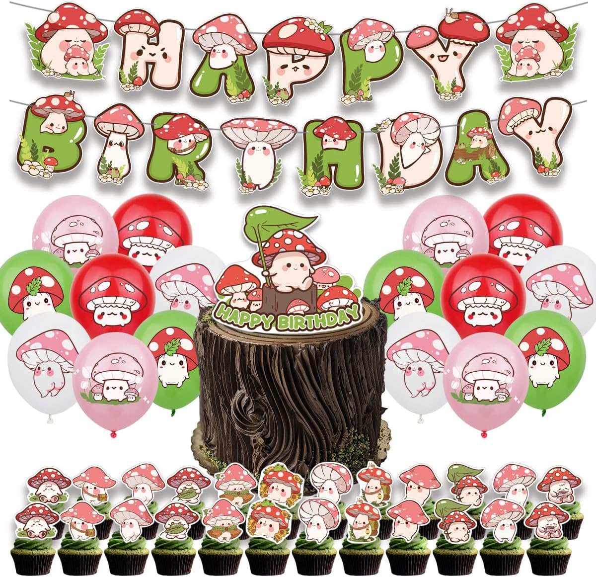 Suministros de fiesta de cumpleaños para hongos, incluye la pancarta de feliz cumpleaños inspirada en hongos, decoración de pastel, 24 adornos para