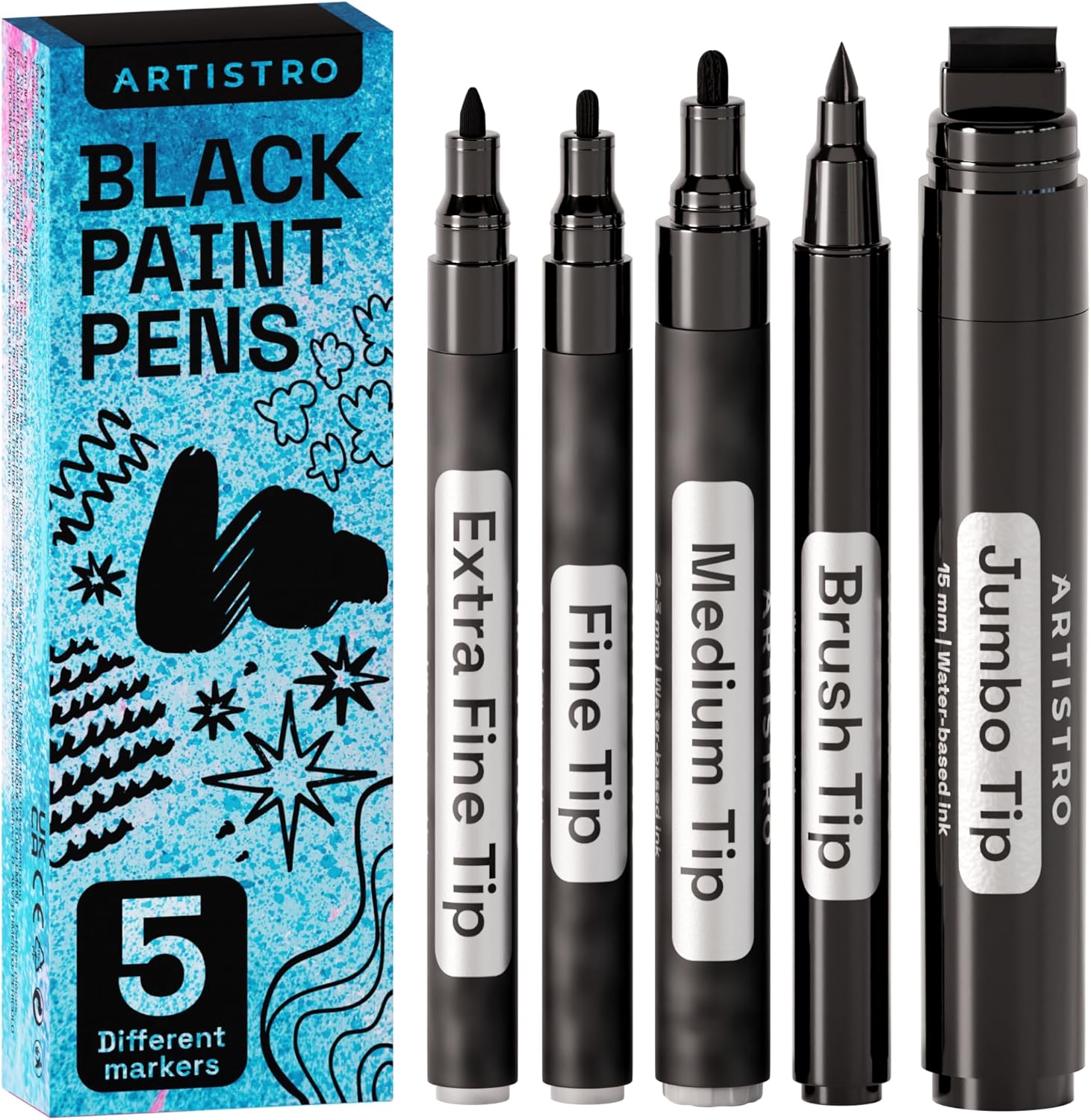 ARTISTRO 5 marcadores negros de diferentes puntas marcadores acrílicos con jumbo de 0.591 in, punta extrafina de 0.028 in, punta fina de 0.039 in,