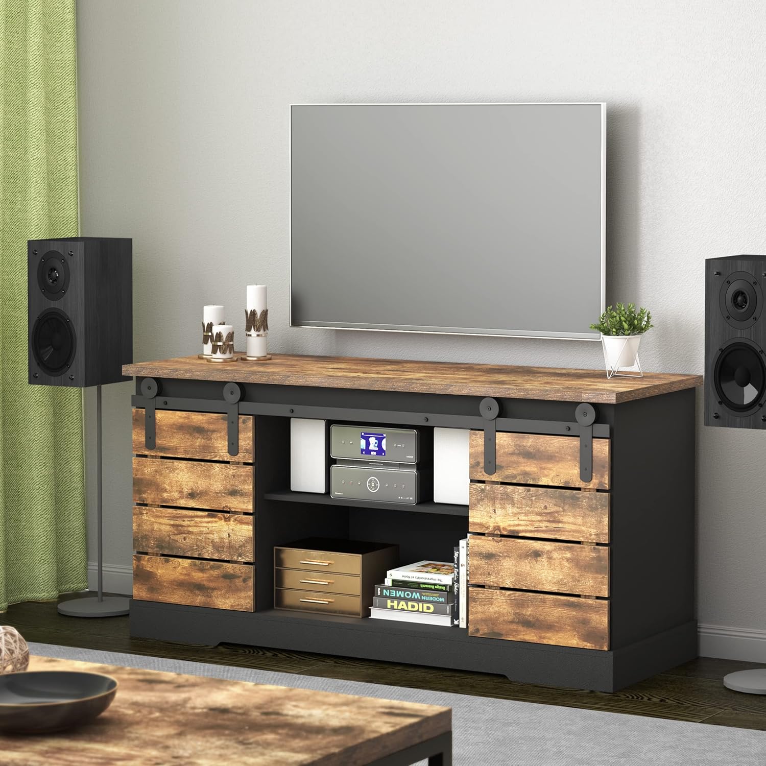 NSdirect Aparador de cafetera, soporte de TV moderno, estación de buffet de granja, puerta corrediza de granero, consola de credenza con listón y