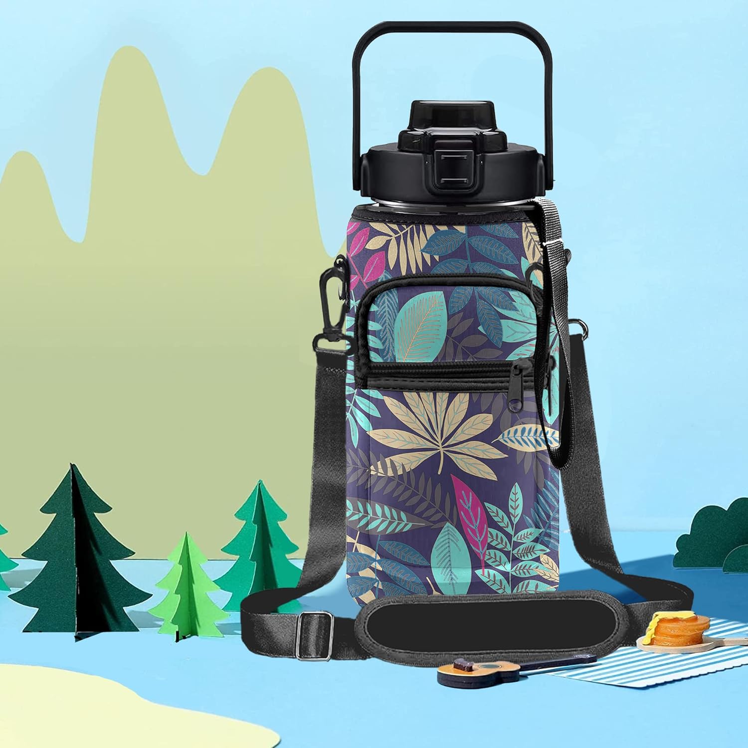 Tropical Leaves – Botella de agua de medio galón con funda, botella de agua de 12 galón, botella de agua de 64 onzas con marcador de tiempo, botella