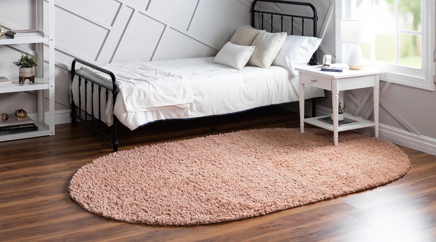 Rugs.com Zermatt Shag Collection – Alfombra ovalada de 5 x 8 pies, color rosa polvoriento, perfecta para salas de estar, comedores grandes, planos