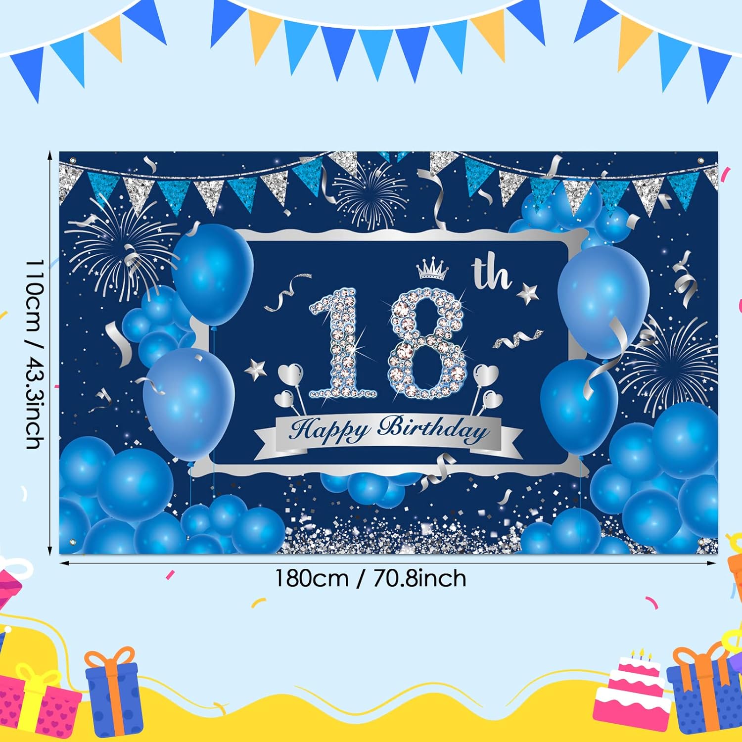 Cartel azul de decoración de cumpleaños número 18 para niños y niñas, telón de fondo azul marino y plateado de feliz cumpleaños 18, suministros de