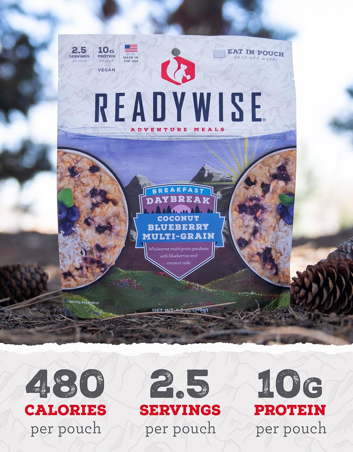 ReadyWise – Multigrano de arándano y coco (6 unidades), alimentos liofilizado para viajes de mochilero y campamentos, 15 porciones, producto vegano