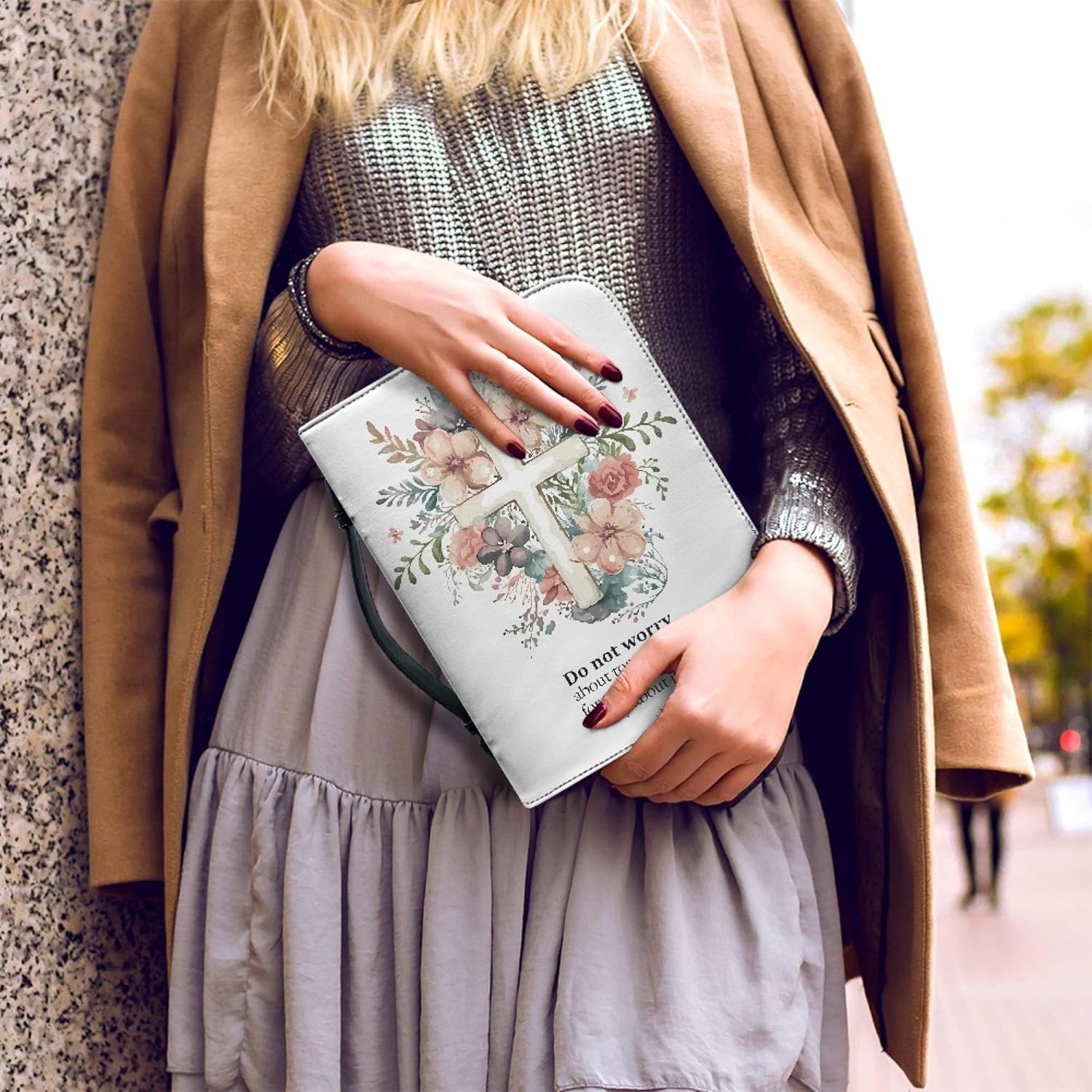 Estuche grande de la Biblia floral para mujer con versículo cruzado, tamaño grande con asa con cremallera, estuche de iglesia escritura, regalo