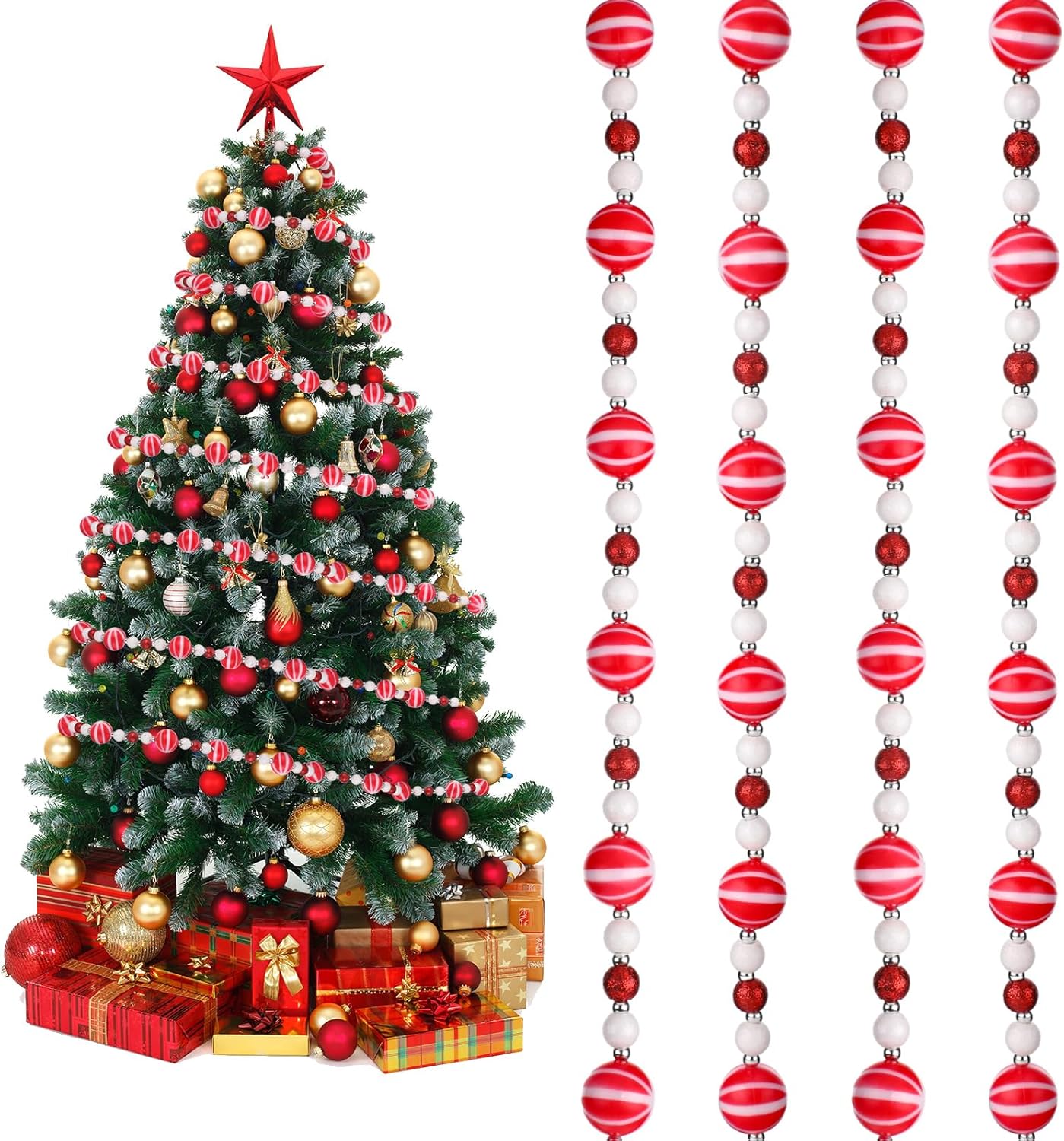 Guirnalda de bastones de caramelo de Navidad de 8.8 pies, con diseño de remolino, rojo y blanco, guirnalda de cuentas de Navidad, guirnalda de