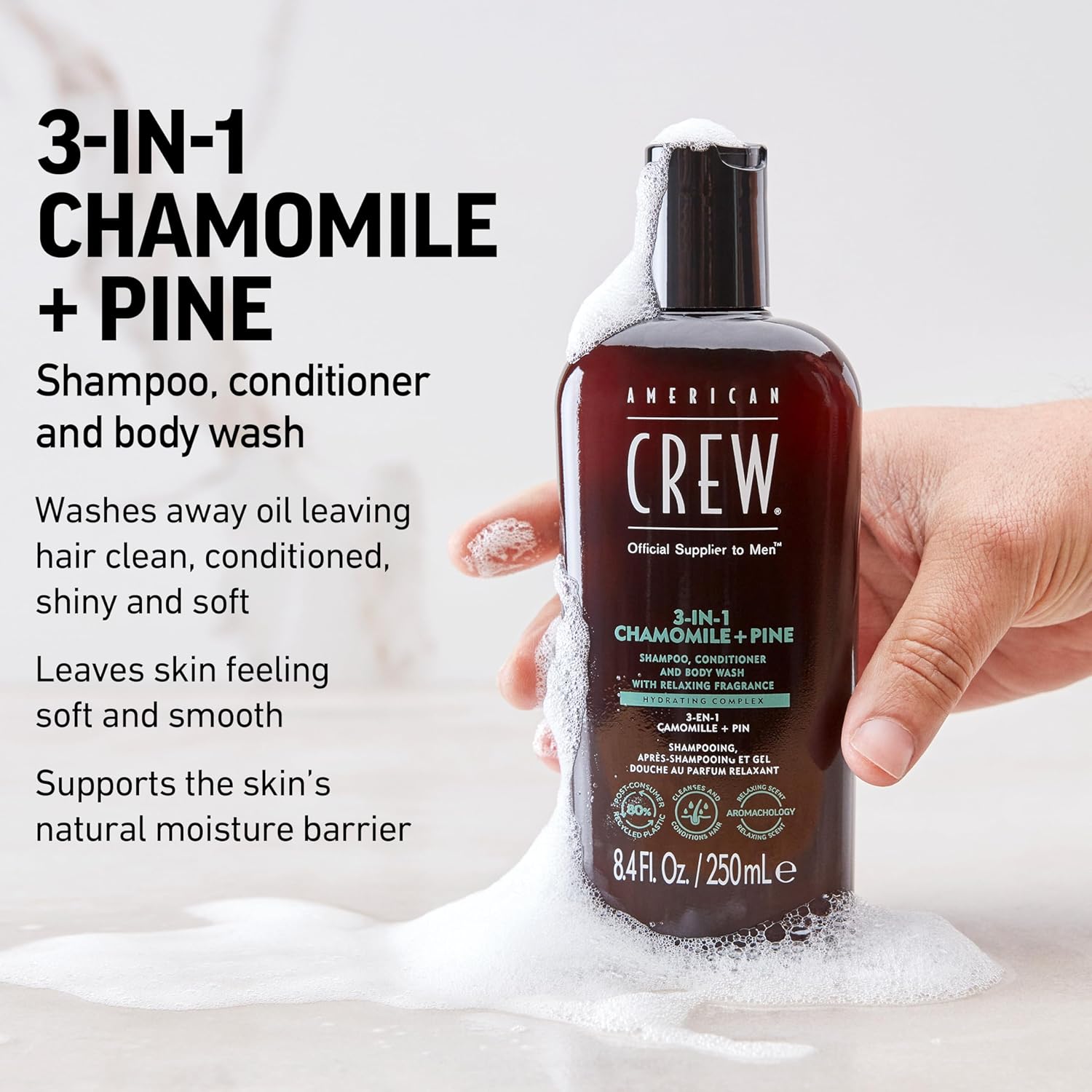 AMERICAN CREW Champú, acondicionador y gel de baño 3 en 1 de manzanilla + pino, 15.2 onzas líquidas (paquete de 1)