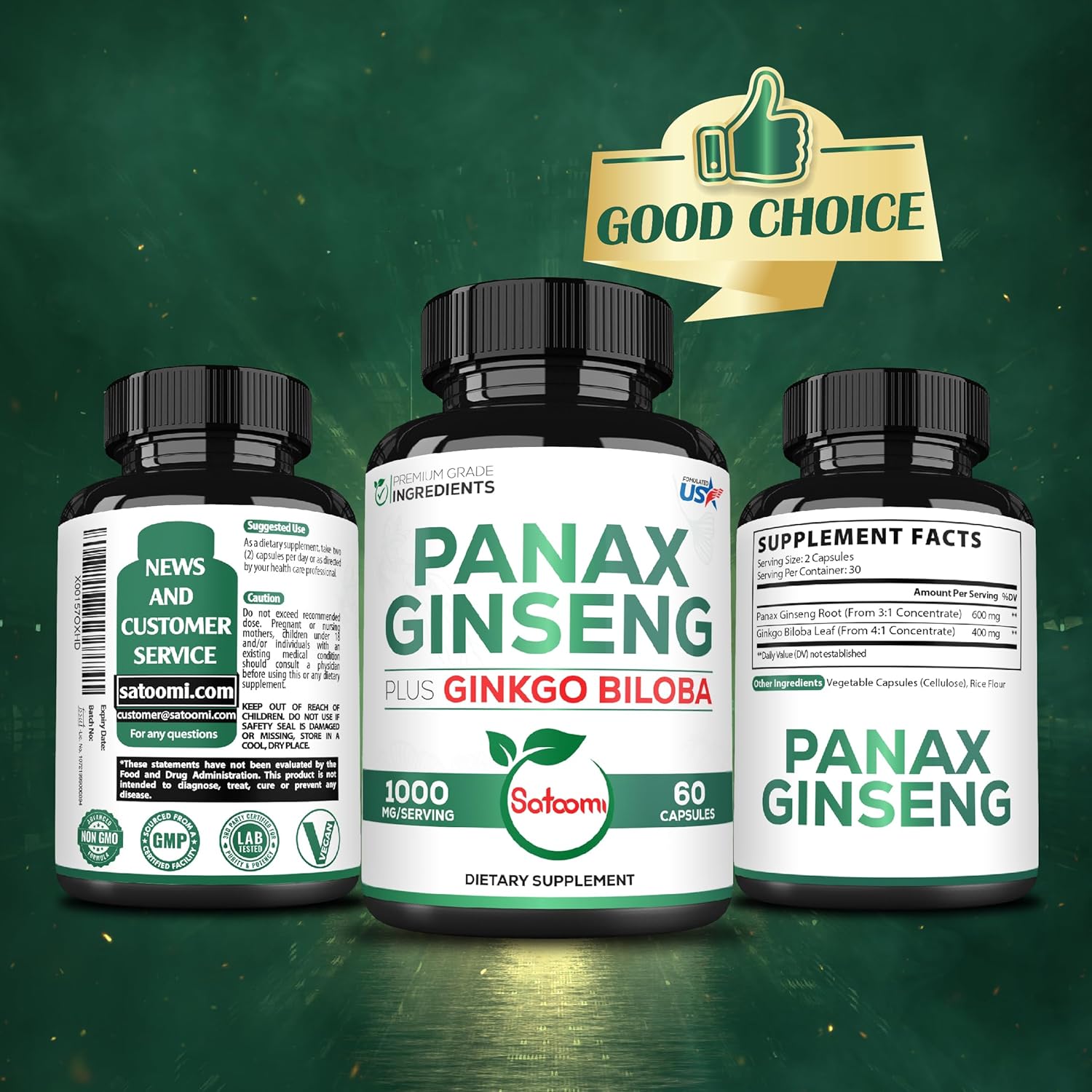 Suplemento de 1000 mg de Panax Ginseng y Ginkgo Biloba rojo coreano, 60 cápsulas veganas, sin gluten, sin OMG, producción de energía, salud
