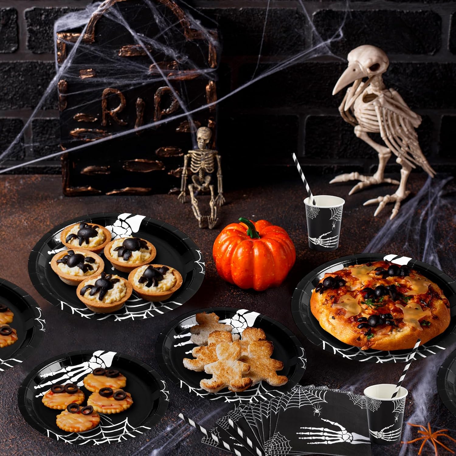 Suministros para fiesta de Halloween, decoraciones de fiesta de Halloween, el juego de vajilla de Halloween incluye platos llanos, platos de postre,
