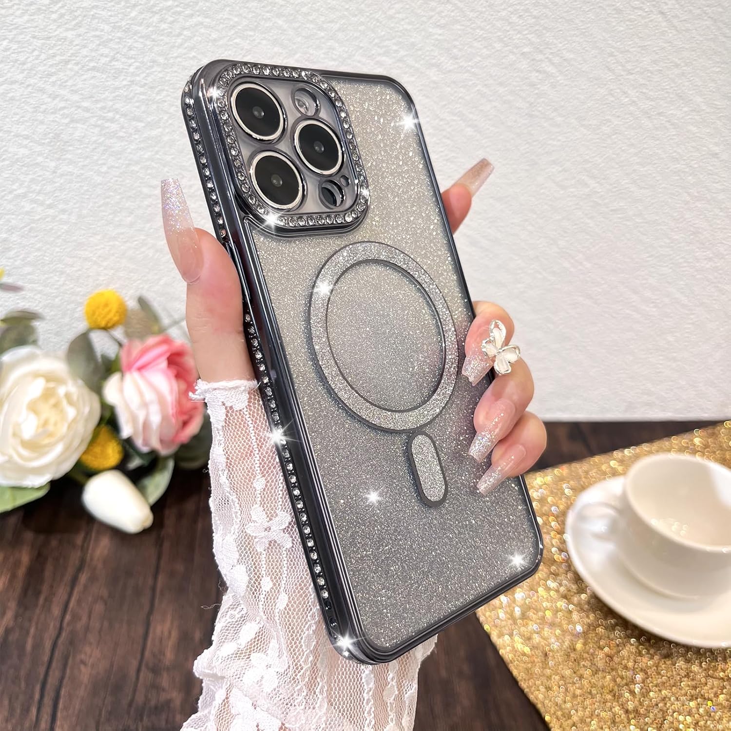 KANGHAR Funda magnética con purpurina degradada para iPhone 15 Pro Max de 6.7 pulgadas, funda de lujo chapada en diamantes de imitación, suave TPU