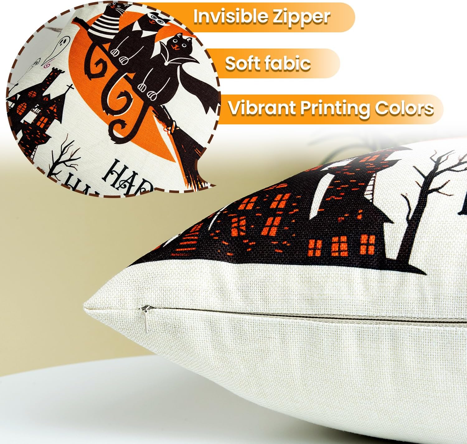 Sioloc Fundas de almohada de Halloween de 18 x 18 pulgadas con 4, decoraciones de Halloween, casa de campo de bruja de calabaza, decoración festiva