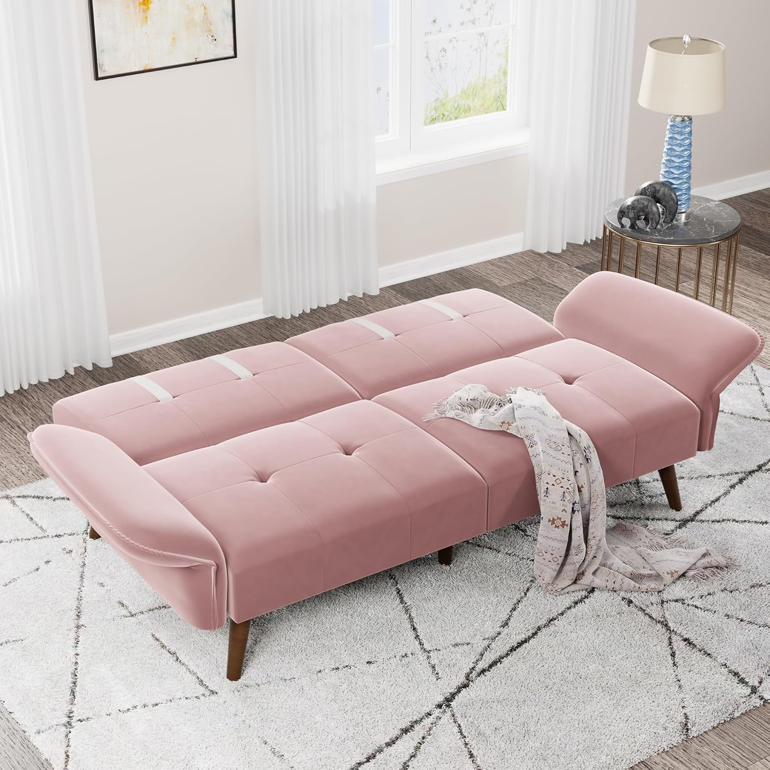 JAMFLY Sofá cama futón de terciopelo de 69 pulgadas, sofá cama convertible con reposabrazos y respaldo ajustables, moderno sofá biplaza para sala de