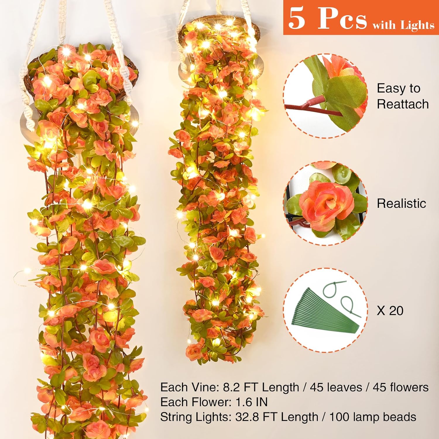 BLEUM CADE 5 guirnaldas de flores artificiales de 41 pies con cadena de luces de 32.8 pies, lindas flores colgantes falsas para decoración de bodas,
