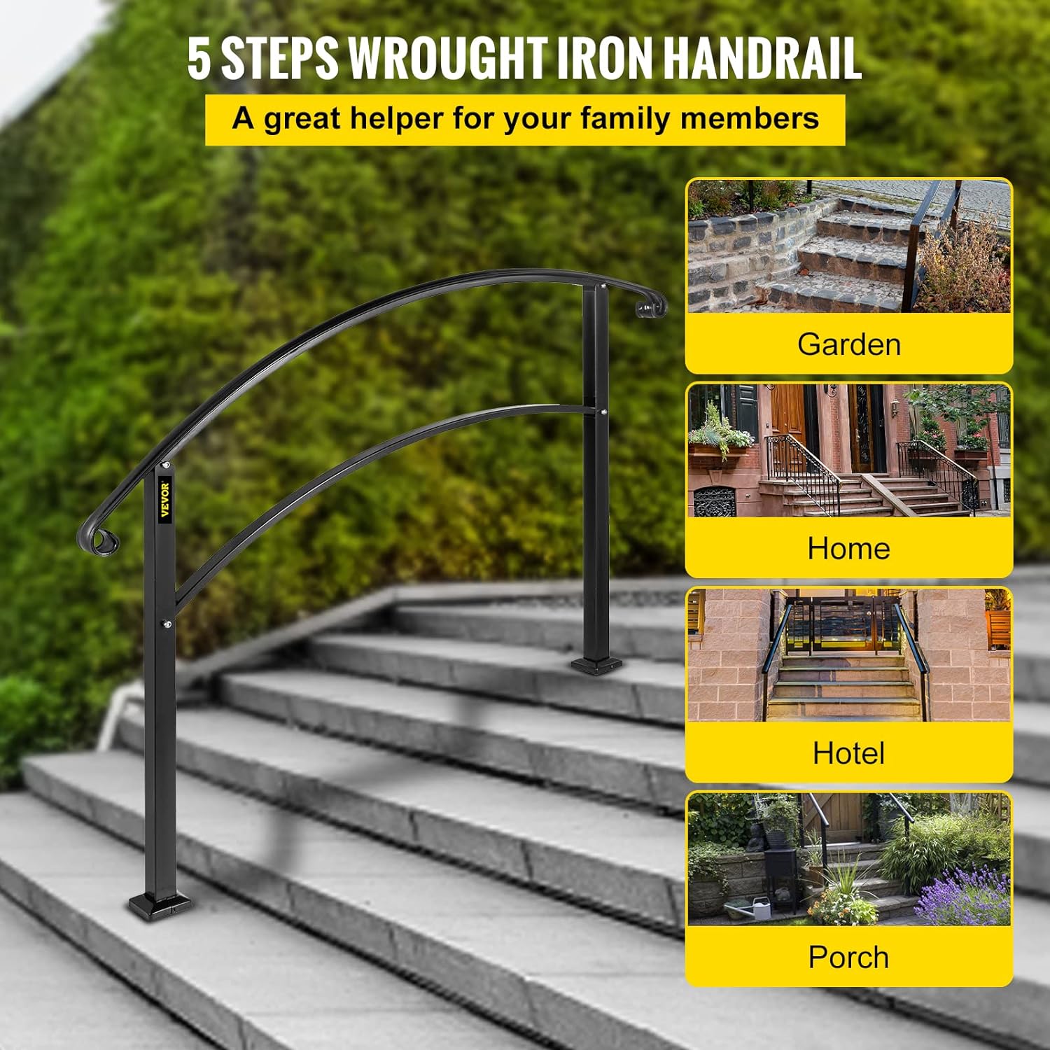 Happybuy Pasamanos para escalones al aire libre, barandilla de escalera para exteriores de 1 o 5 escalones, pasamanos de hierro forjado negro,
